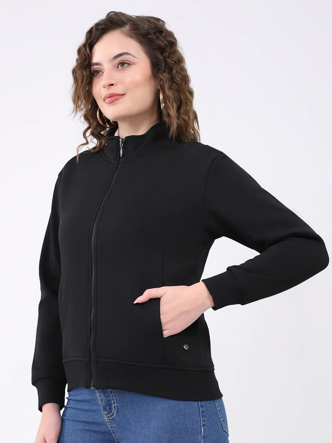 Women Black Solid Mock Neck Full Sleeve Sweatshirt - Image 3