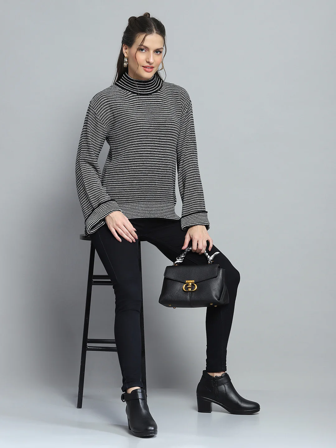 Women Black Solid Mock Neck Full Sleeve Winte Top - Image 2