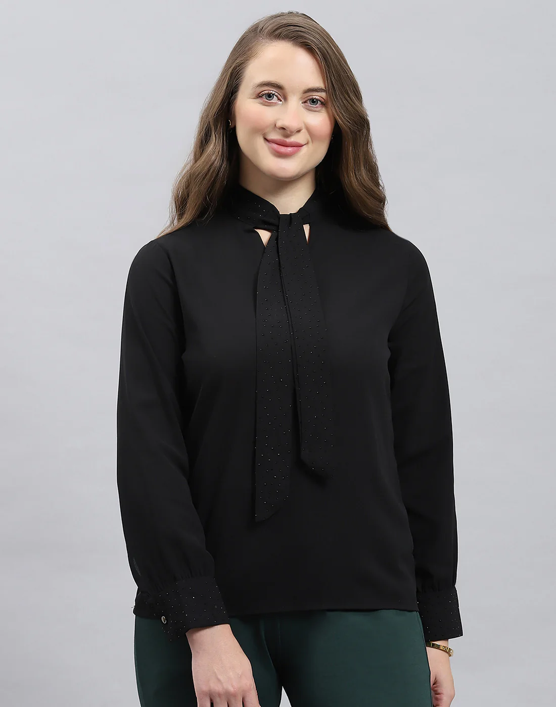 Women Black Solid Mock Neck Full Sleeve Winter Top - Image 2