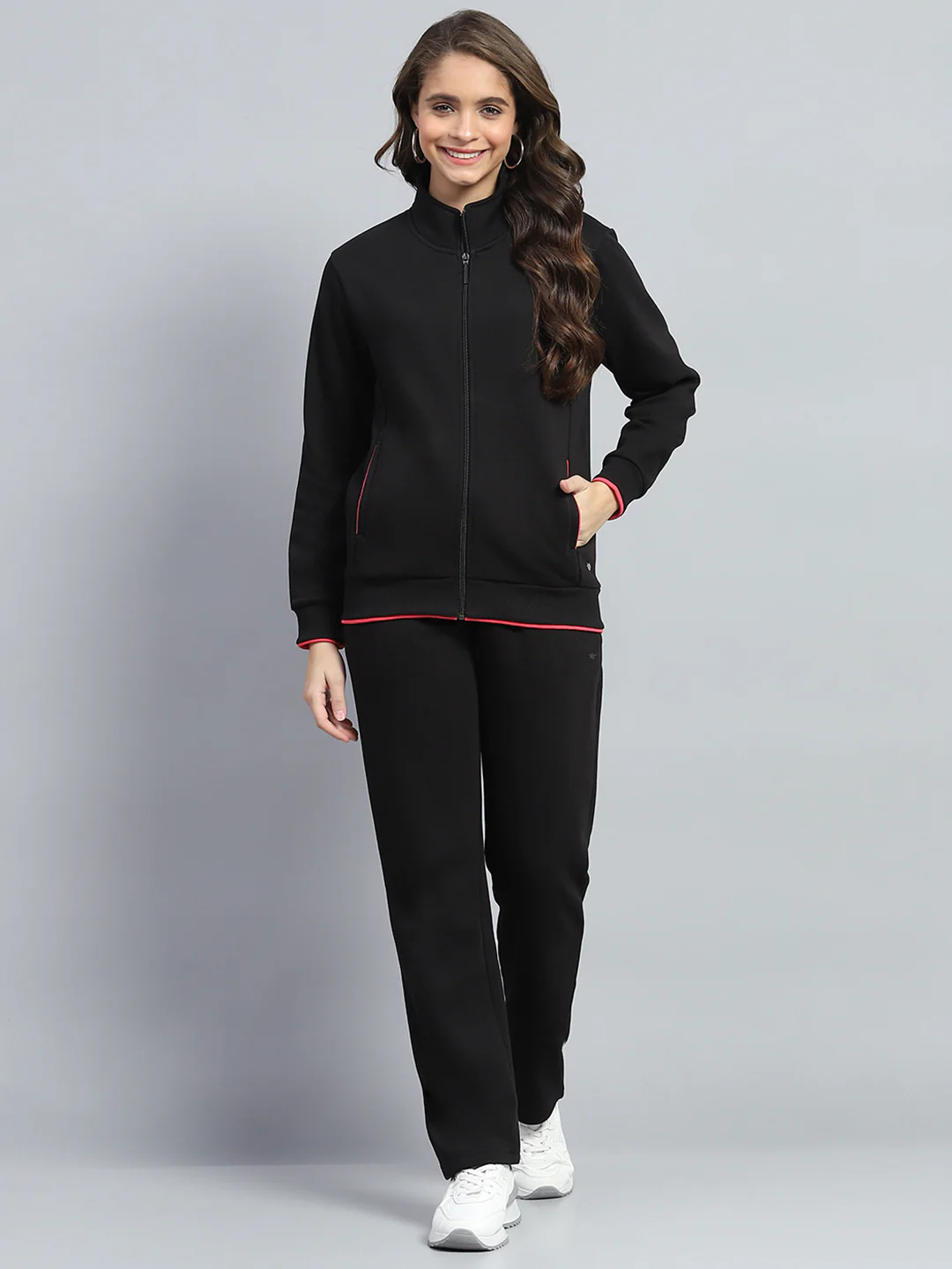 Women Black Solid Mock Neck Full Sleeve Winter Tracksuit - Image 2