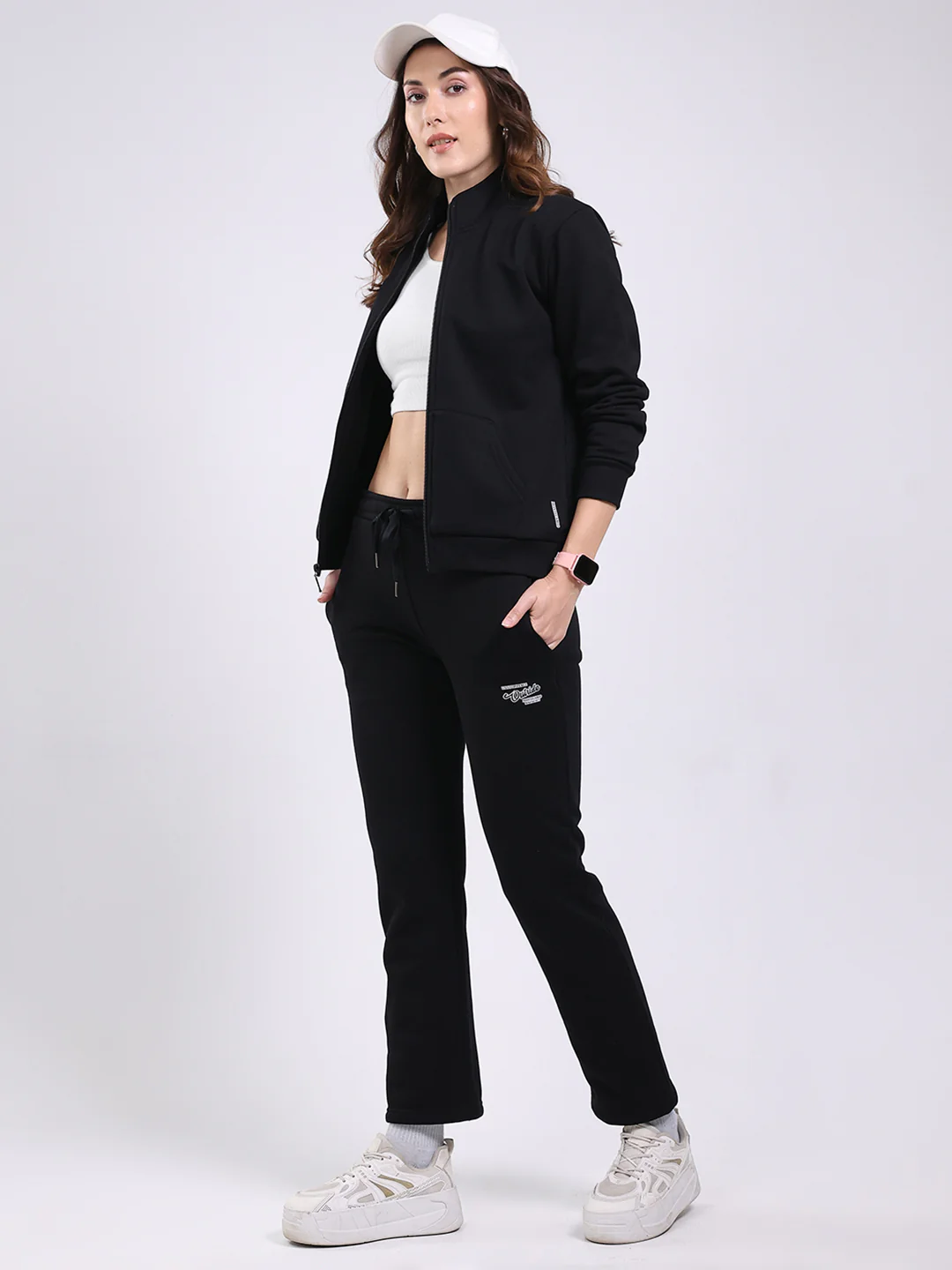 Women Black Solid Mock Neck Full Sleeve Winter Tracksuit - Image 2