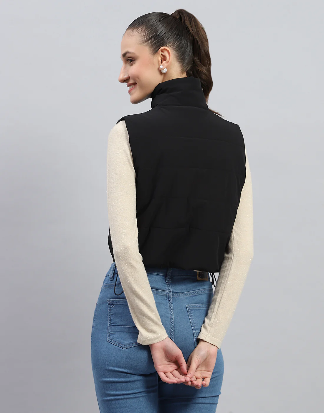 Rock.it Women Black Solid Mock Neck Sleeveless Jacket - Image 5
