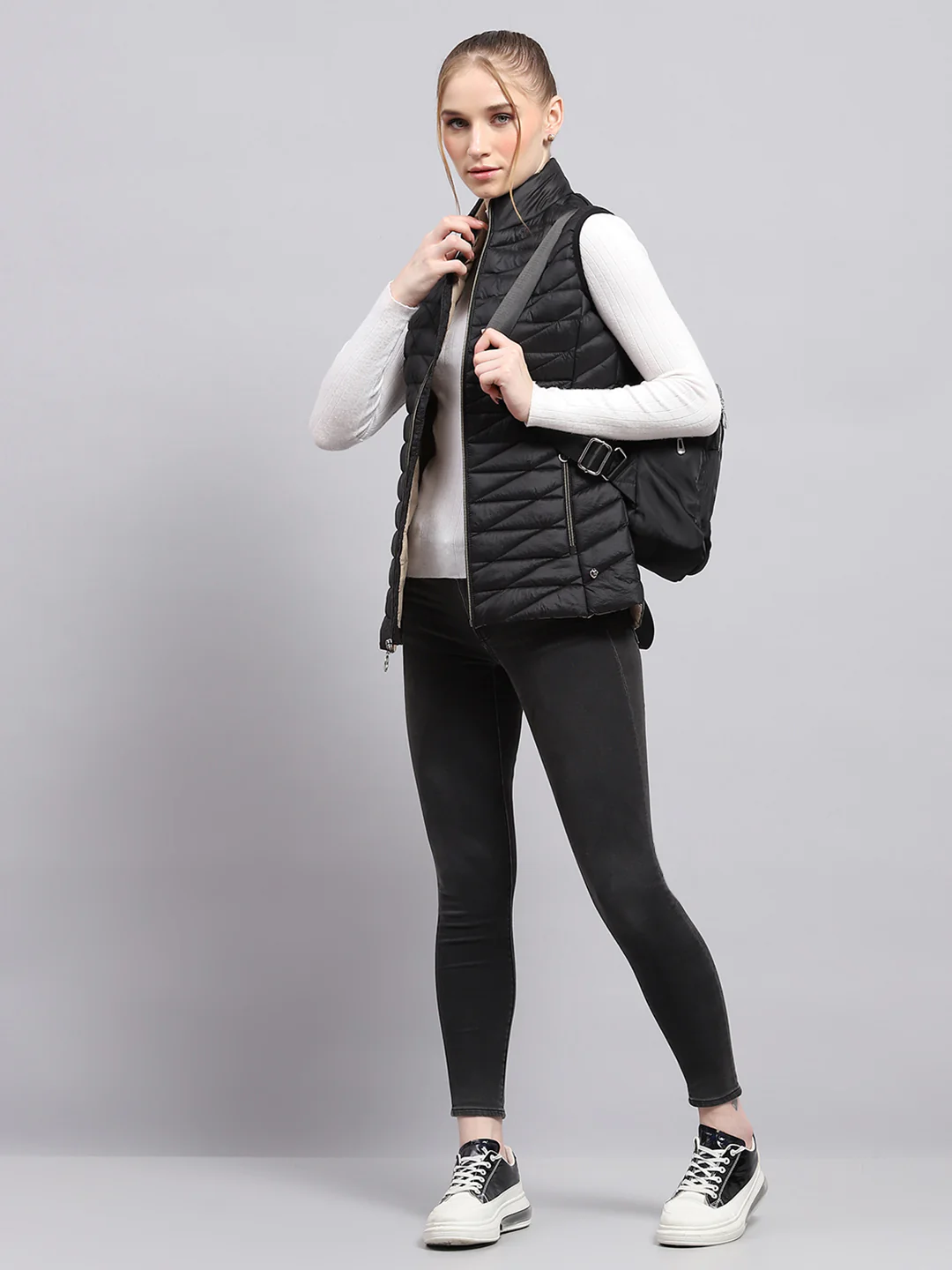 Women Black Solid Mock Neck Sleeveless Jacket - Image 2