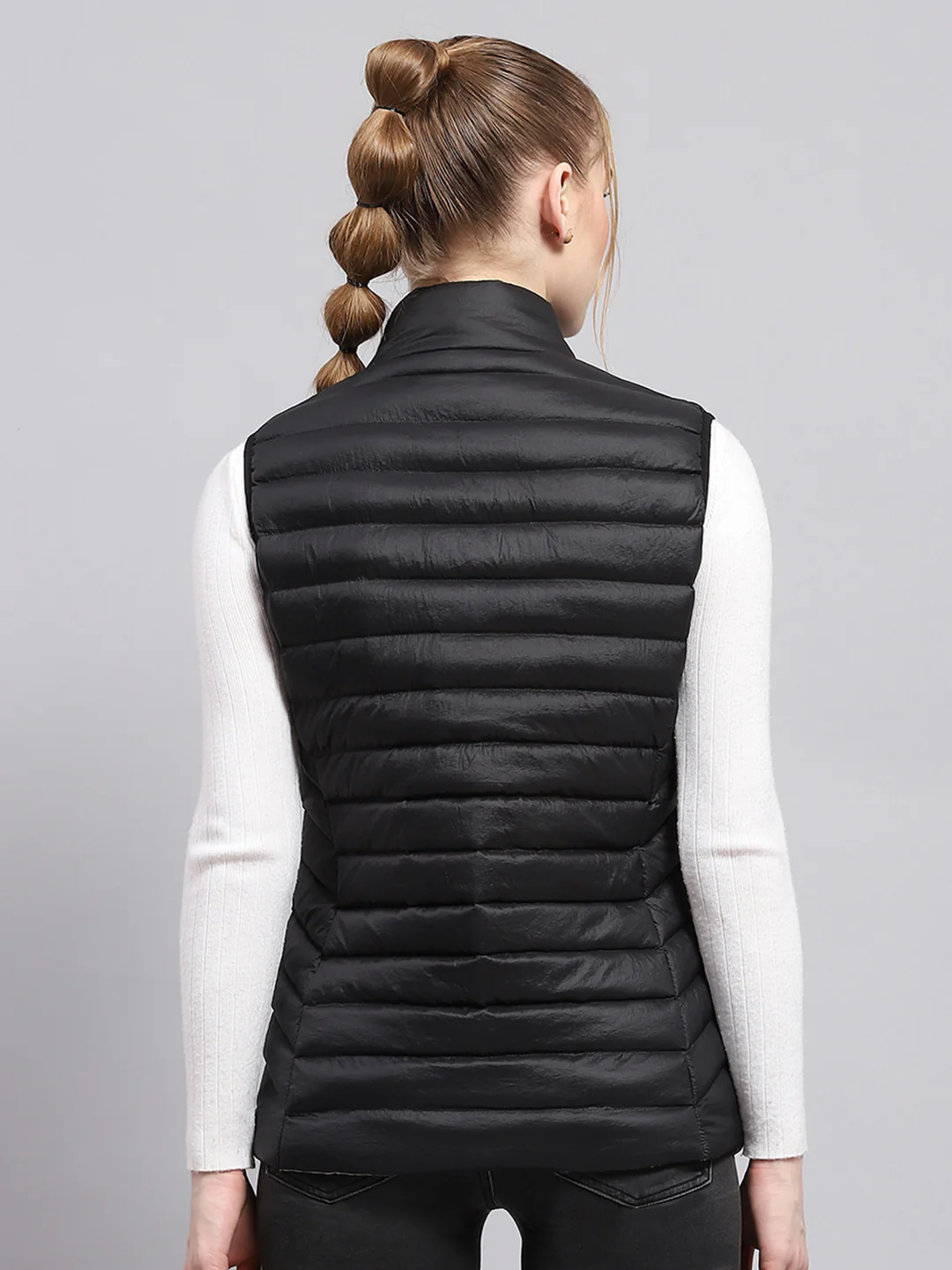Women Black Solid Mock Neck Sleeveless Jacket - Image 5
