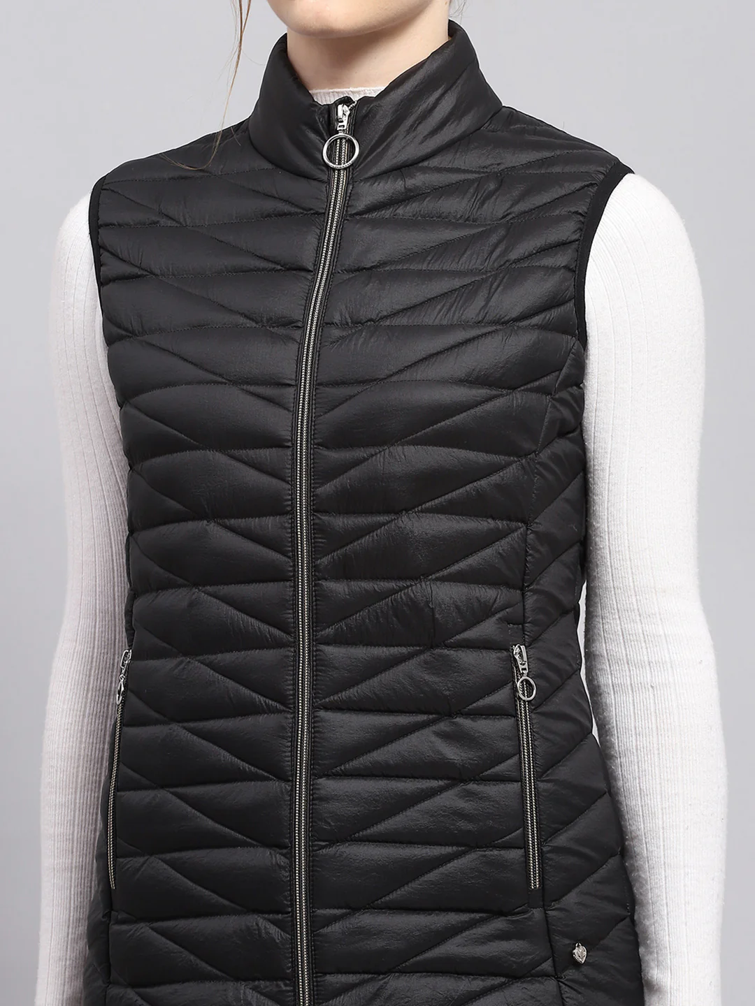Women Black Solid Mock Neck Sleeveless Jacket - Image 6