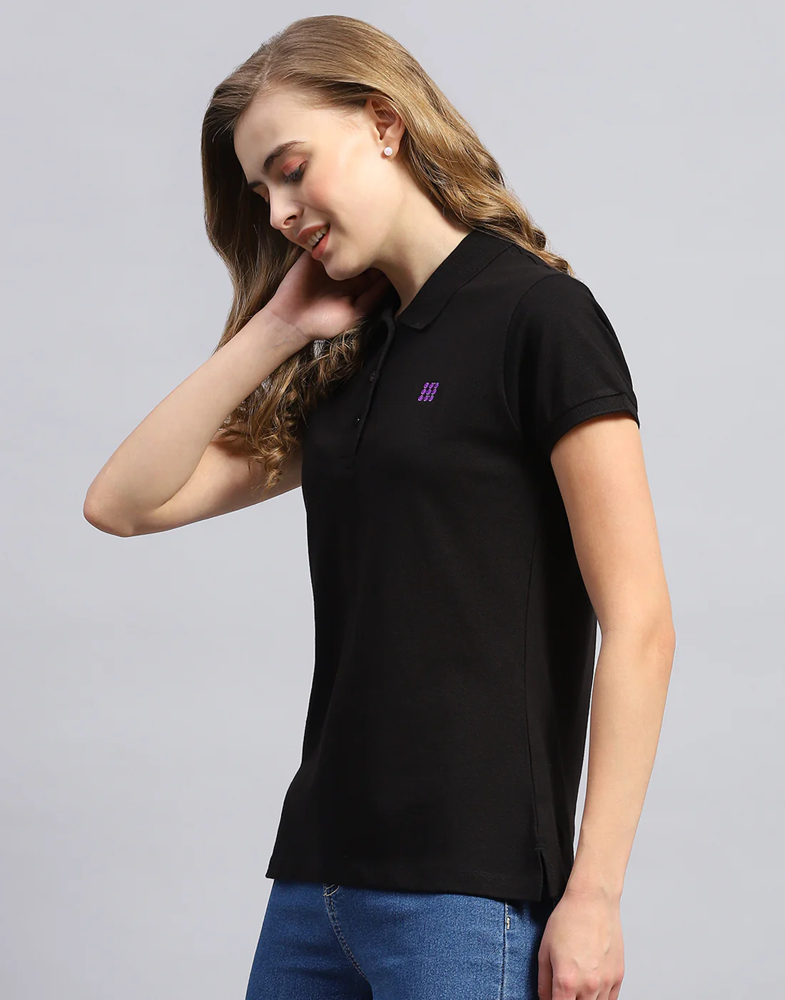 Rock.it Women Black Solid Polo Collar Half Sleeve T-Shirt - Image 3