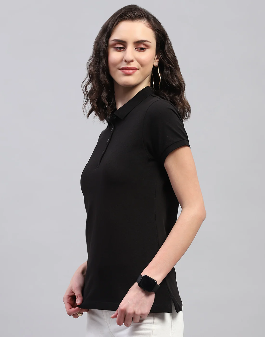 Women Black Solid Polo Collar Half Sleeve T Shirt - Image 3