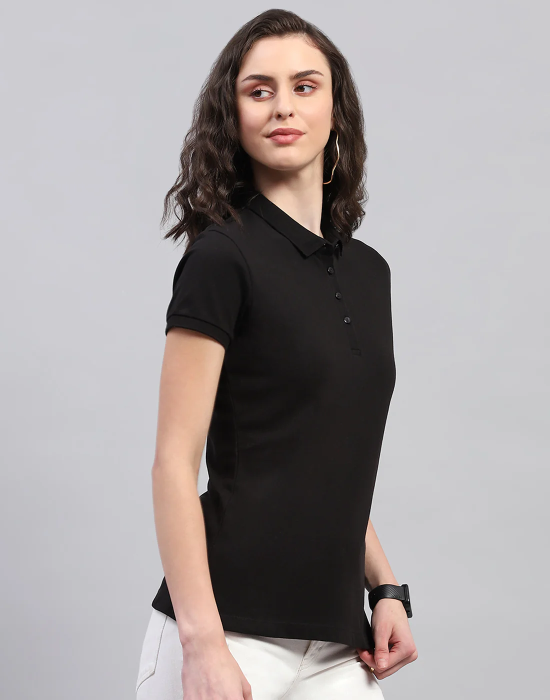 Women Black Solid Polo Collar Half Sleeve T Shirt - Image 4