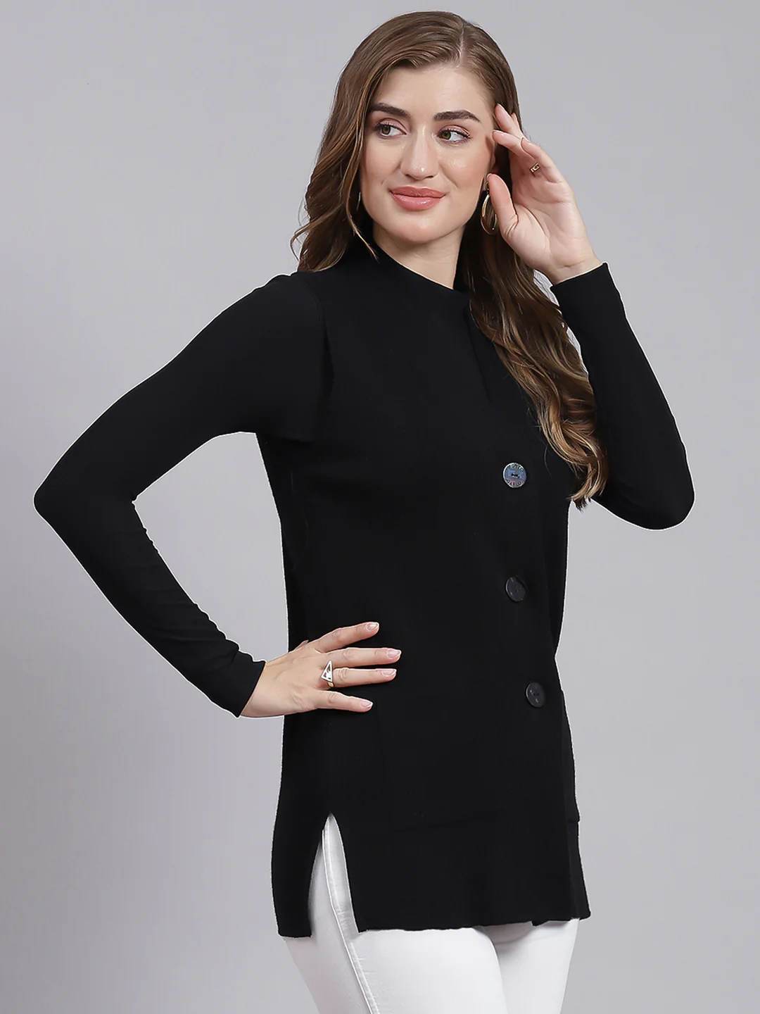 Women Black Solid Pure wool Cardigan - Image 4
