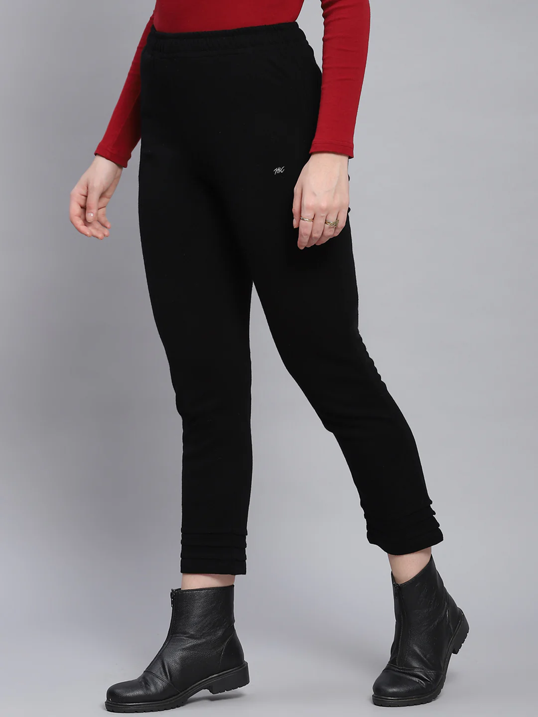 Women Black Solid Regular Fit Winter Lowers - Image 3