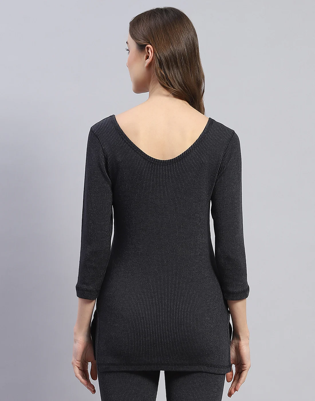 Women Black Solid Round Neck 3/4 Sleeve Thermal Vest - Image 6