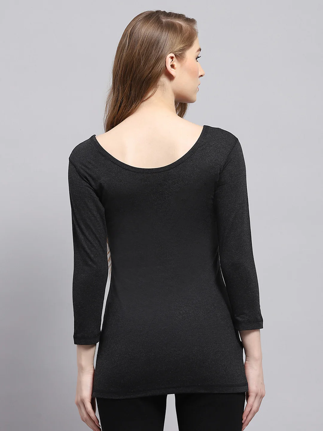 Women Black Solid Round Neck 3/4th Sleeve Thermal Vest - Image 5