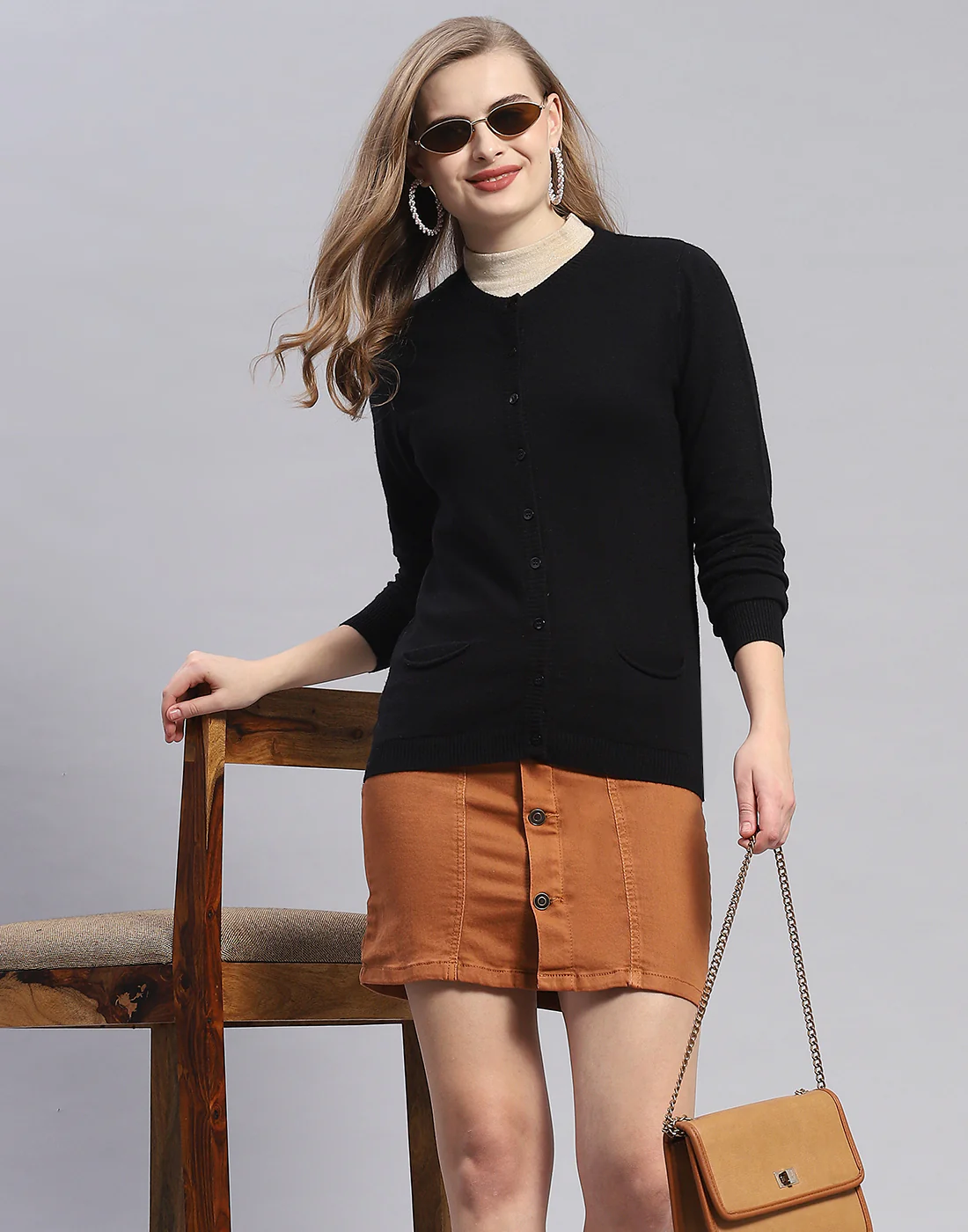 Women Black Solid Round Neck Full Sleeve Cardigan - Image 6