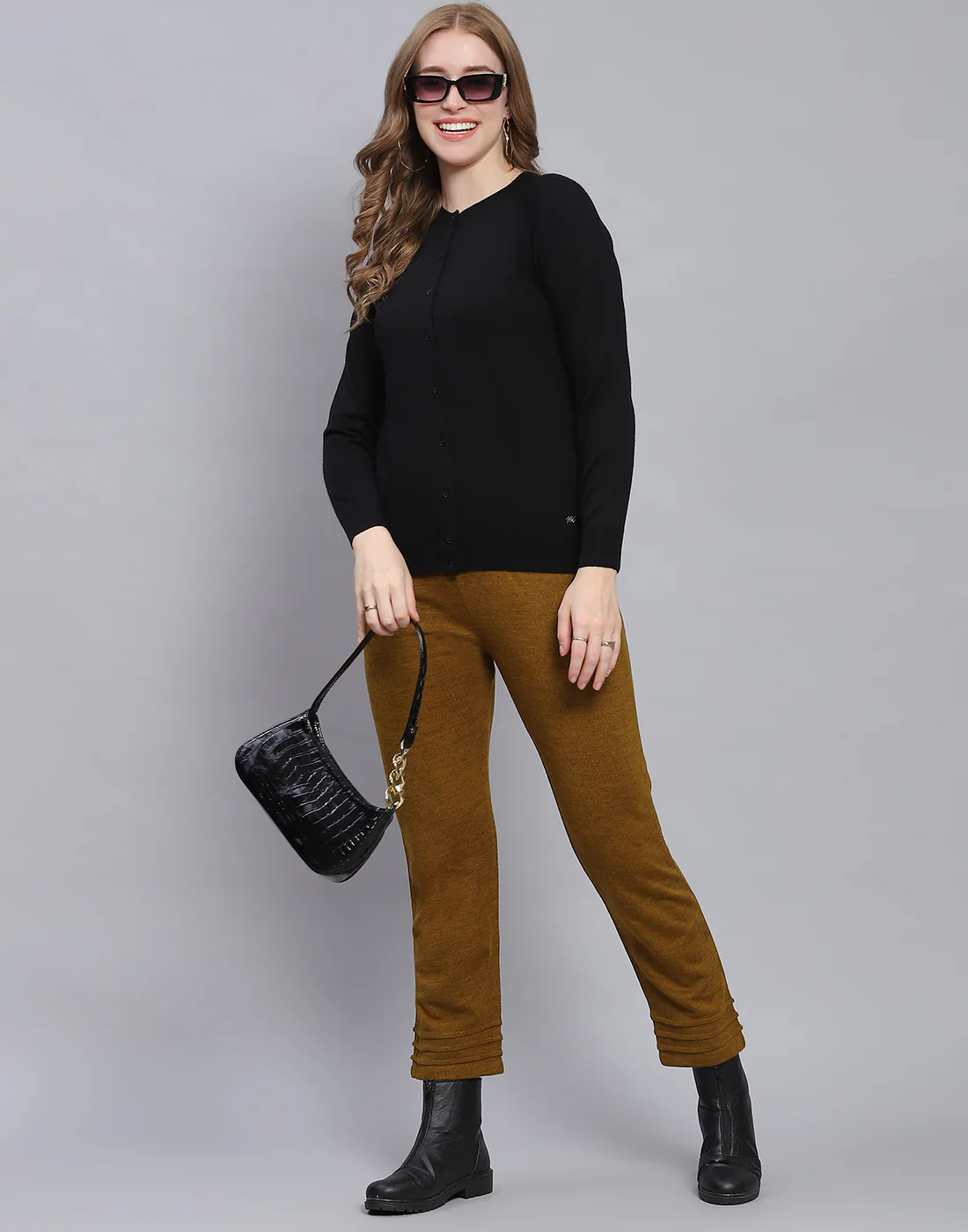 Women Black Solid Round Neck Full Sleeve Cardigan - Image 2