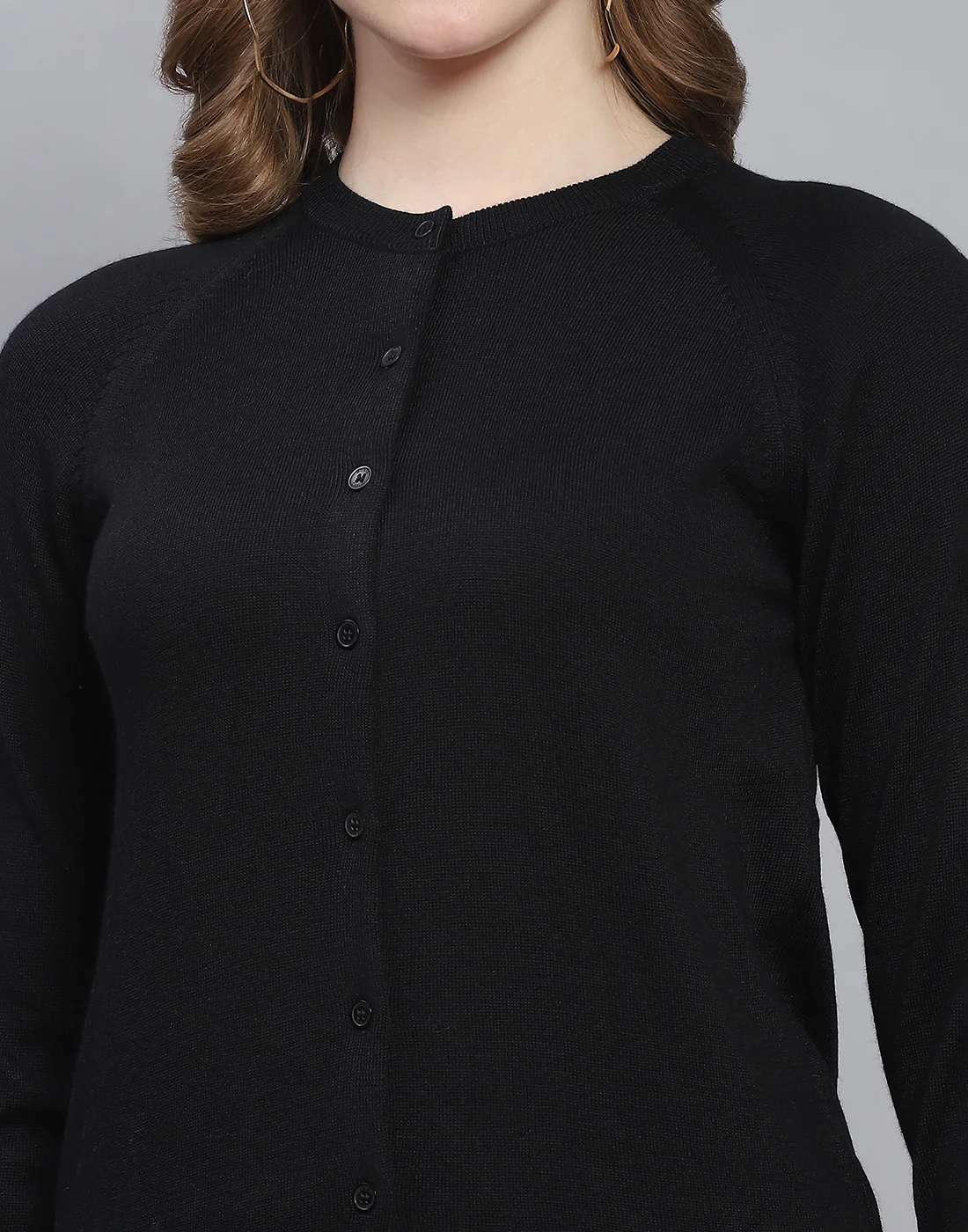 Women Black Solid Round Neck Full Sleeve Cardigan - Image 6
