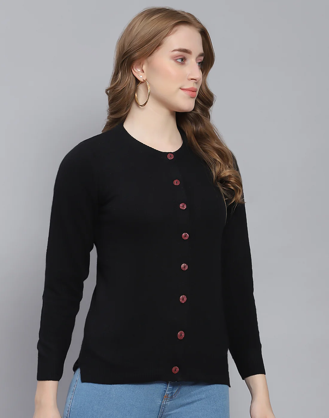 Women Black Solid Round Neck Full Sleeve Cardigan - Image 4
