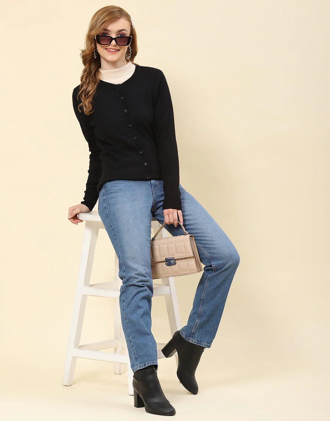 Women Black Solid Round Neck Full Sleeve Cardigan - Image 2