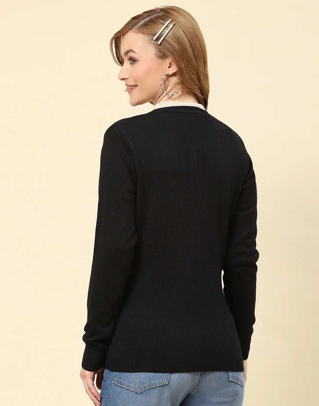 Women Black Solid Round Neck Full Sleeve Cardigan - Image 5
