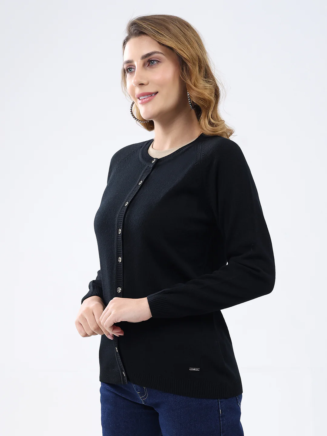 Women Black Solid Round Neck Full Sleeve Cardigan - Image 3