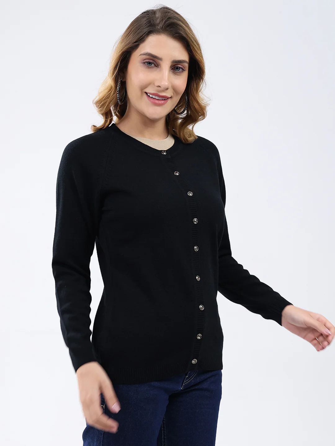 Women Black Solid Round Neck Full Sleeve Cardigan - Image 4