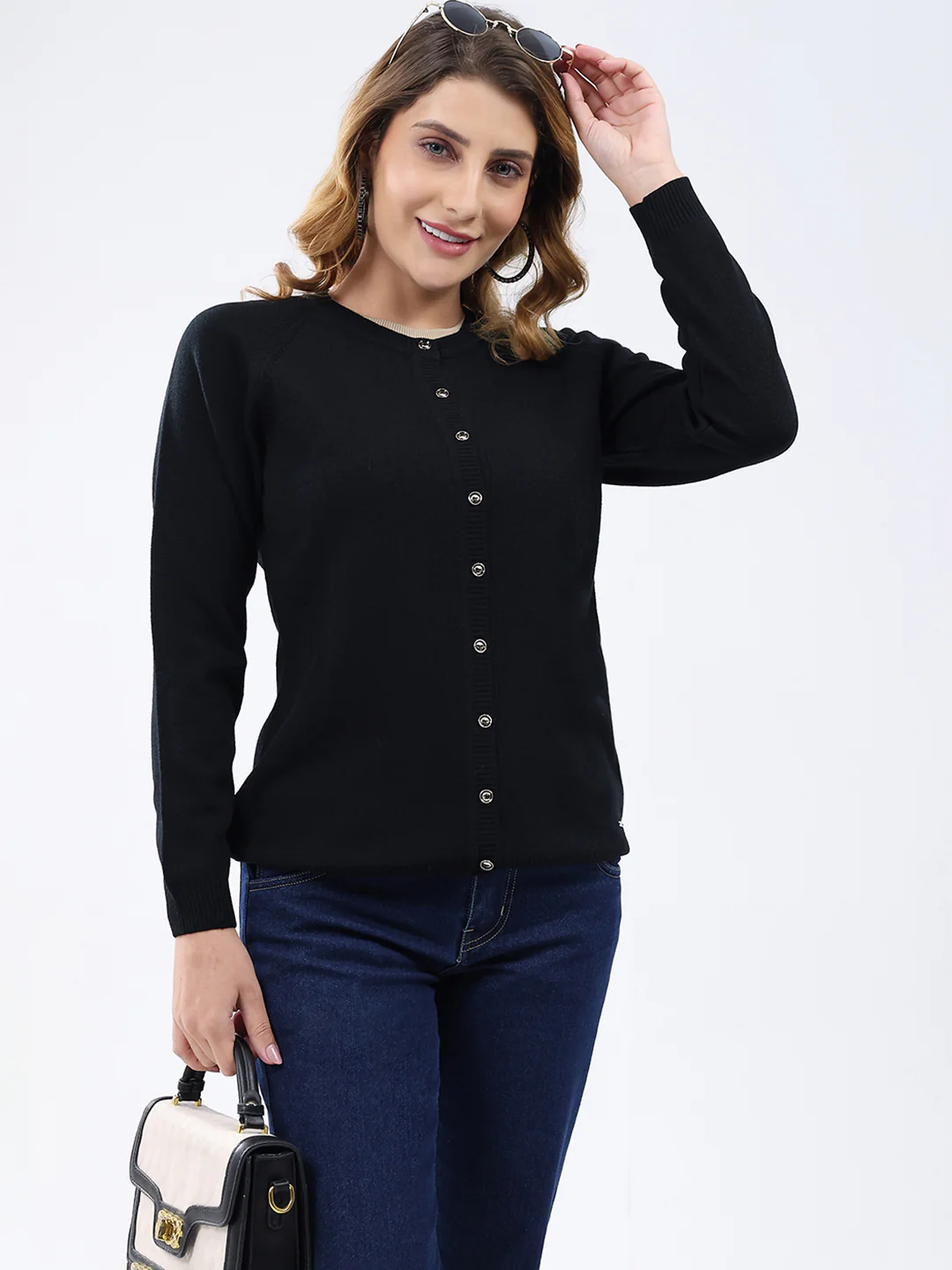 Women Black Solid Round Neck Full Sleeve Cardigan - Image 6