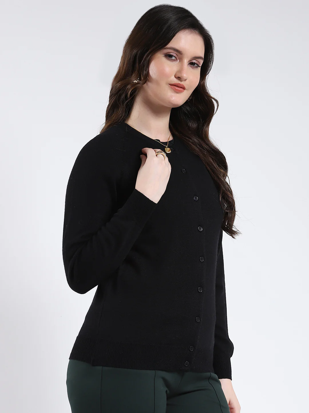 Women Black Solid Round Neck Full Sleeve Cardigan - Image 4