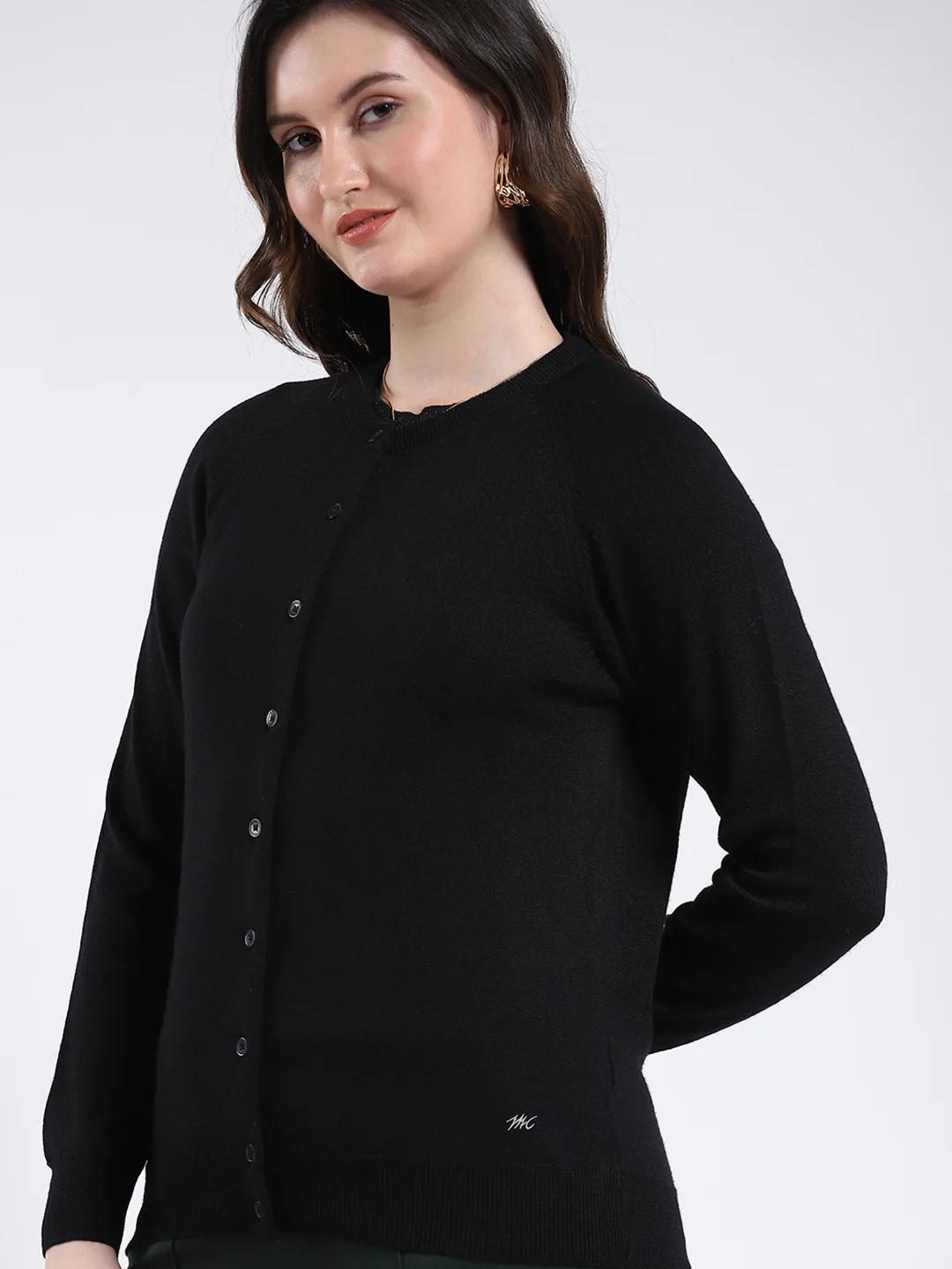 Women Black Solid Round Neck Full Sleeve Cardigan - Image 6