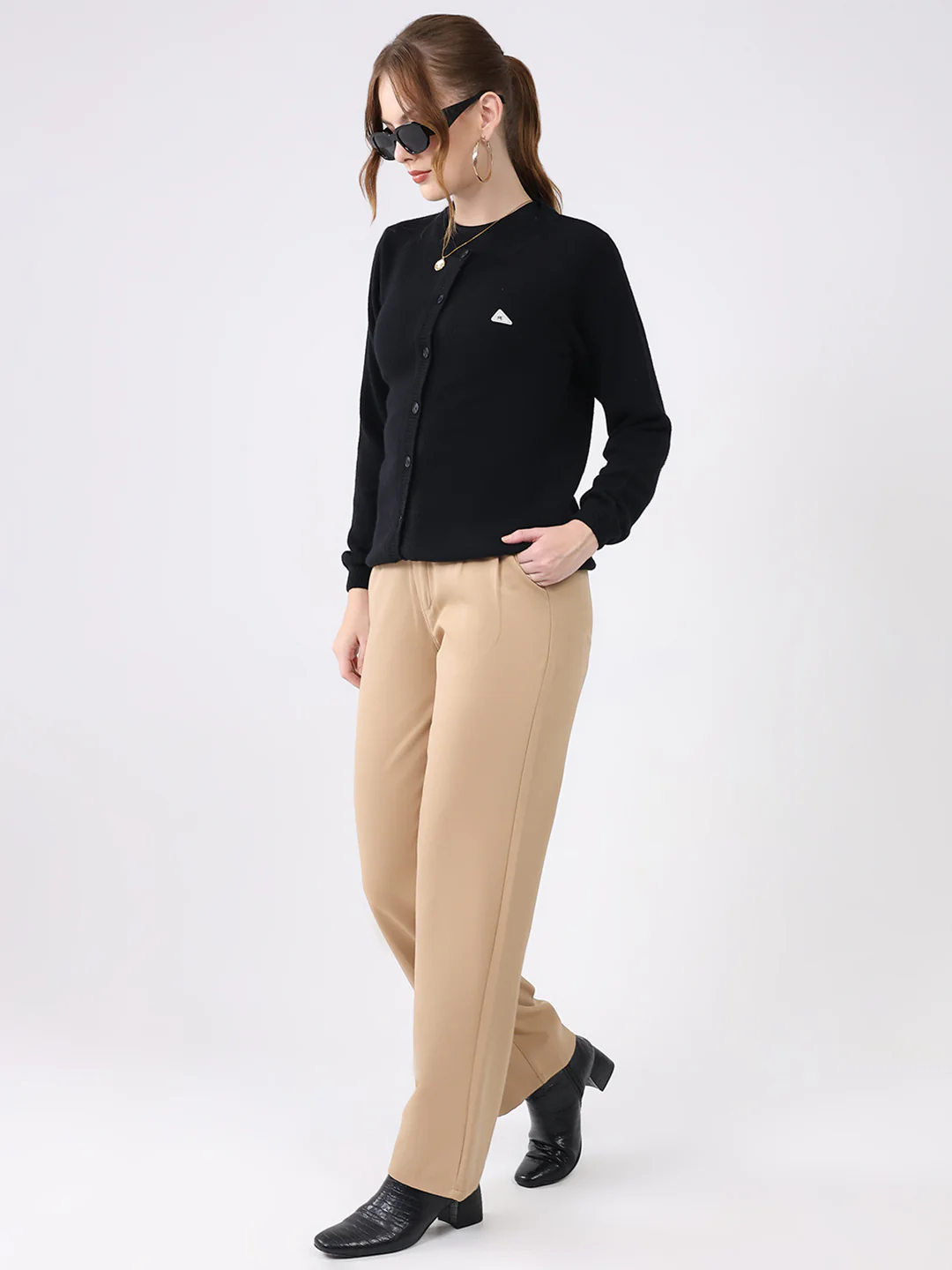 Women Black Solid Round Neck Full Sleeve Cardigan - Image 2