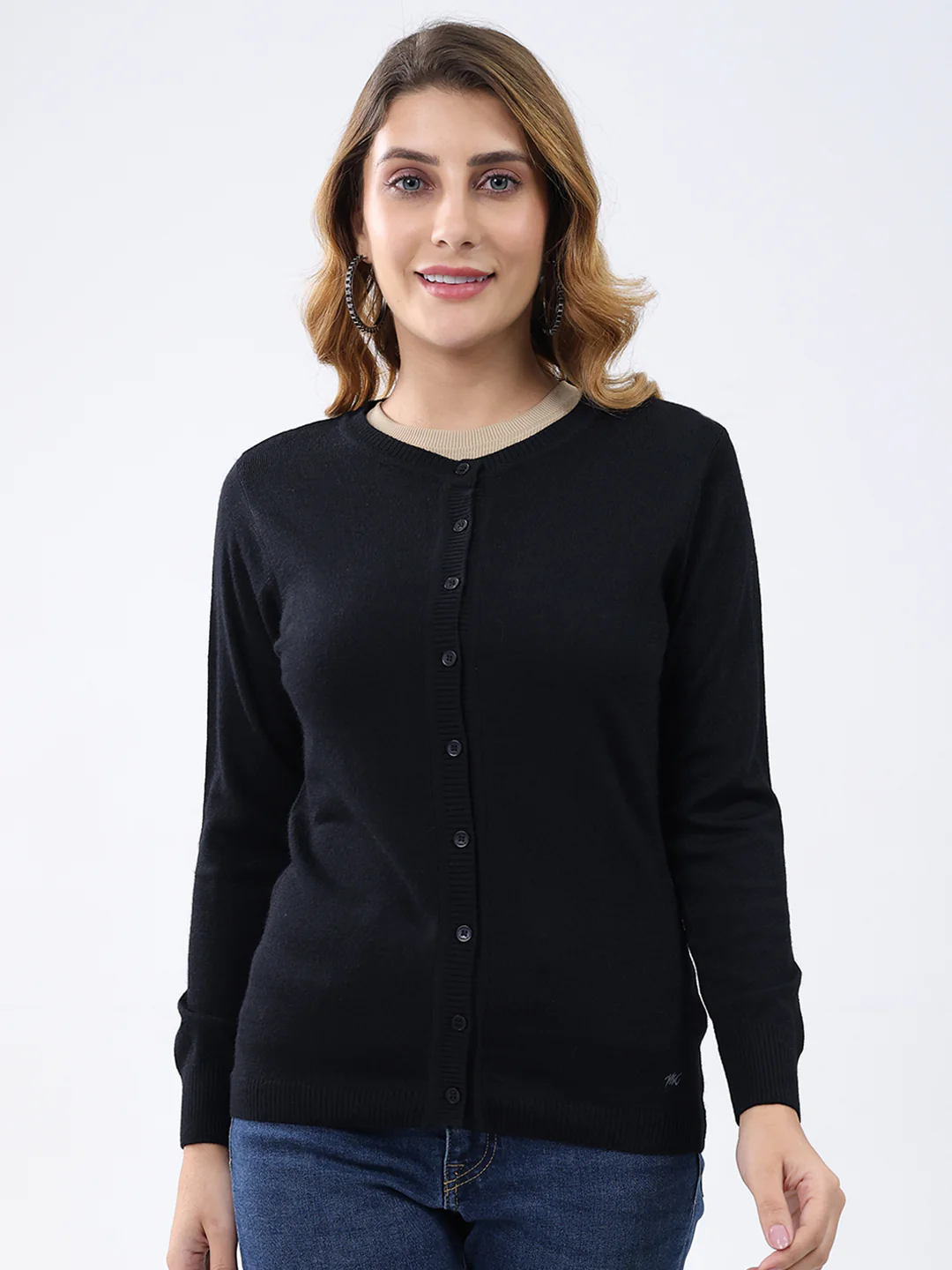 Women Black Solid Round Neck Full Sleeve Cardigan - Image 6