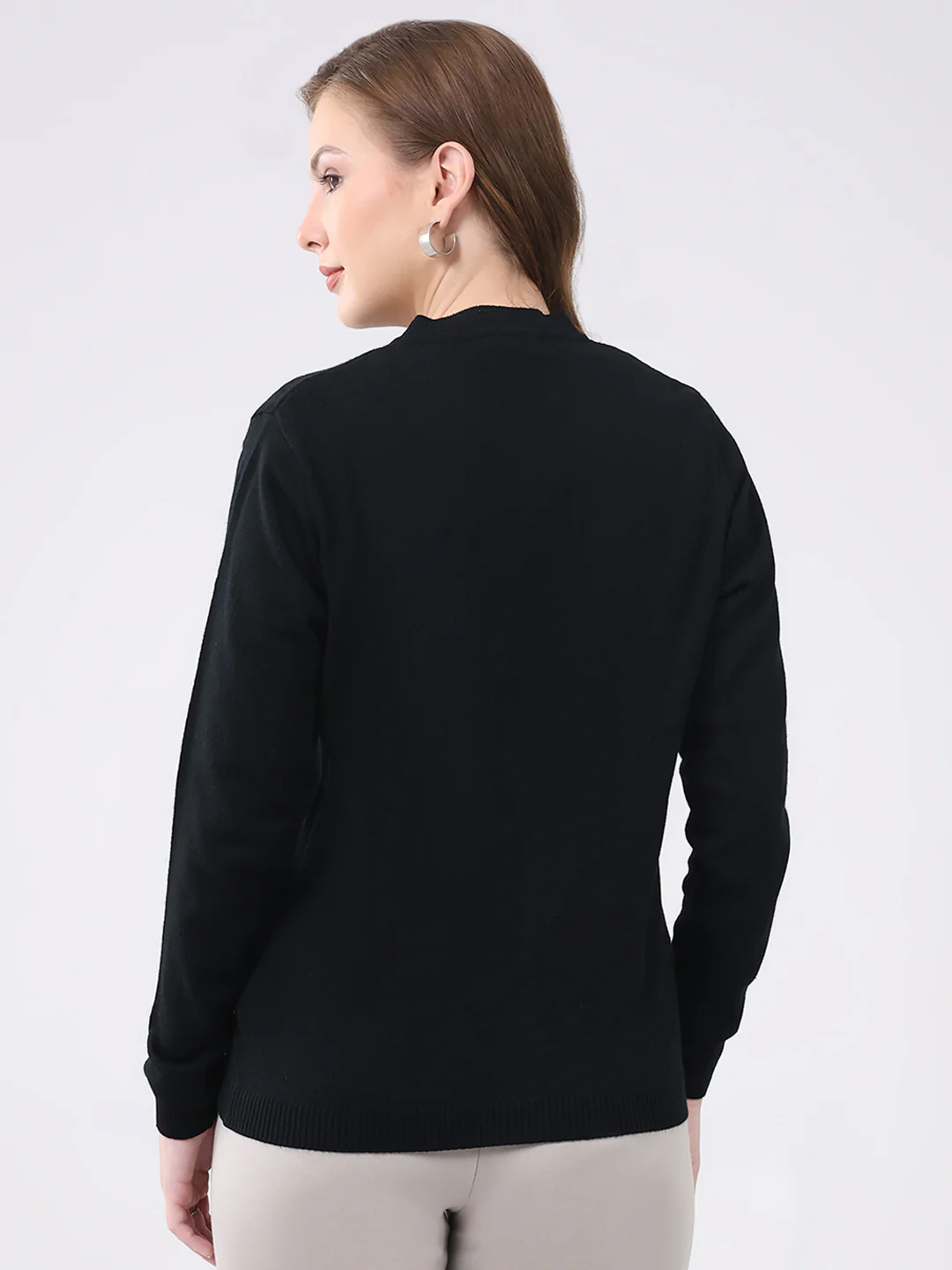 Women Black Solid Round Neck Full Sleeve Cardigan - Image 5