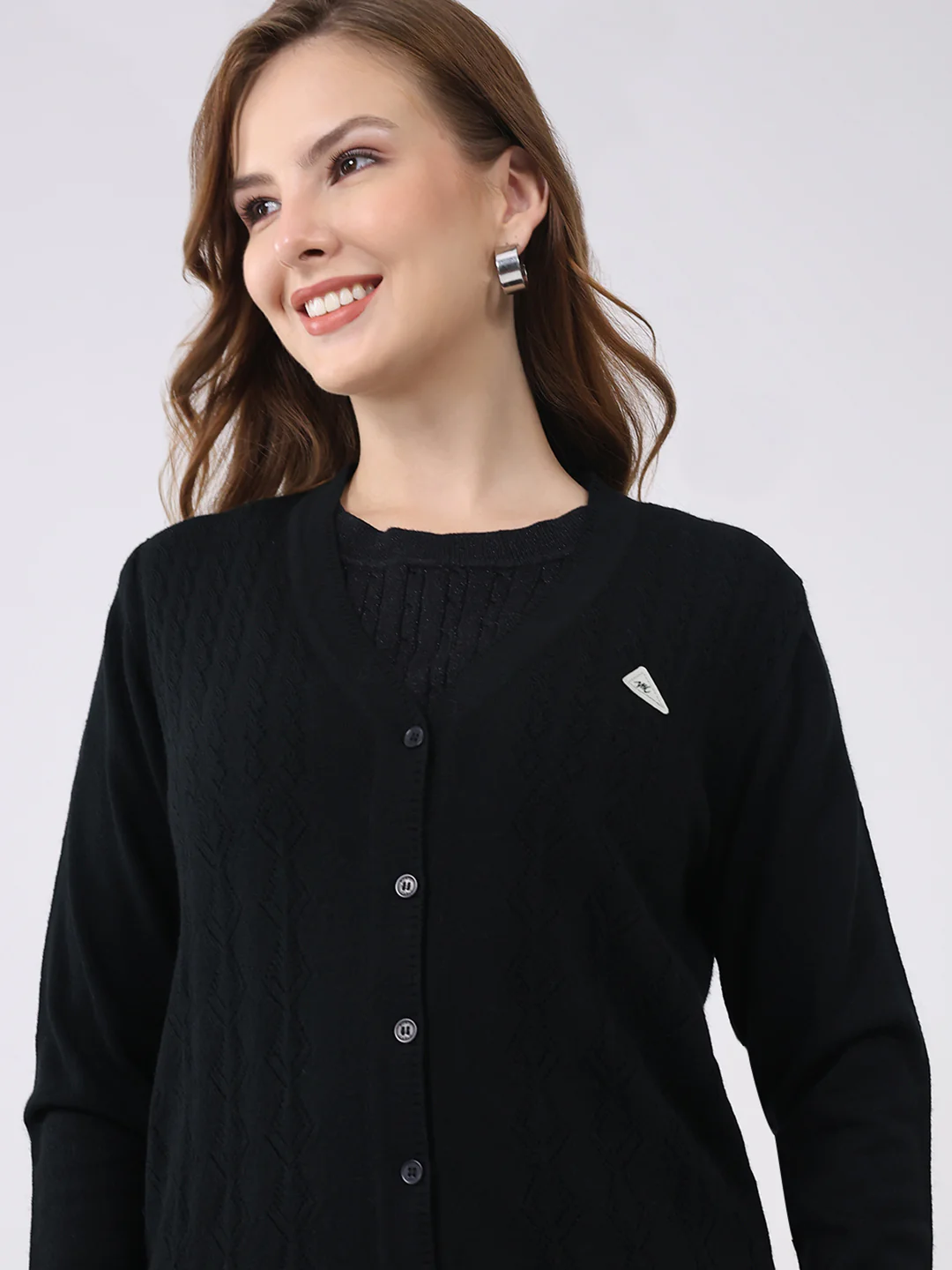 Women Black Solid Round Neck Full Sleeve Cardigan - Image 7