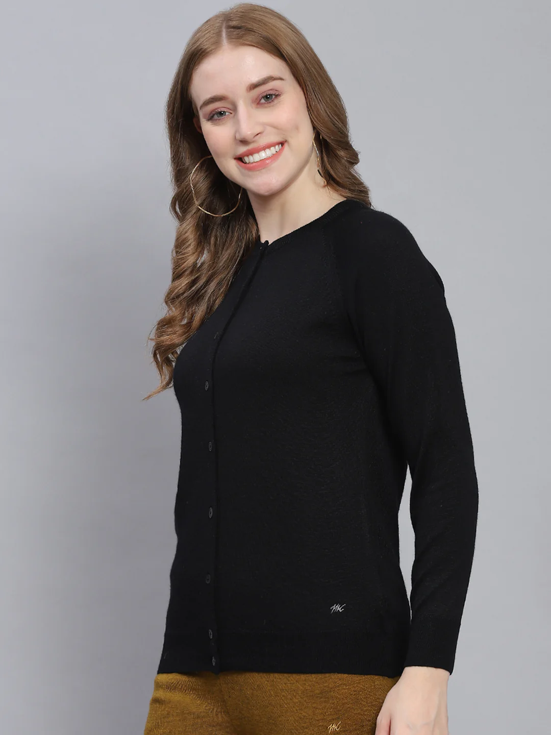 Women Black Solid Round Neck Full Sleeve Cardigans - Image 3