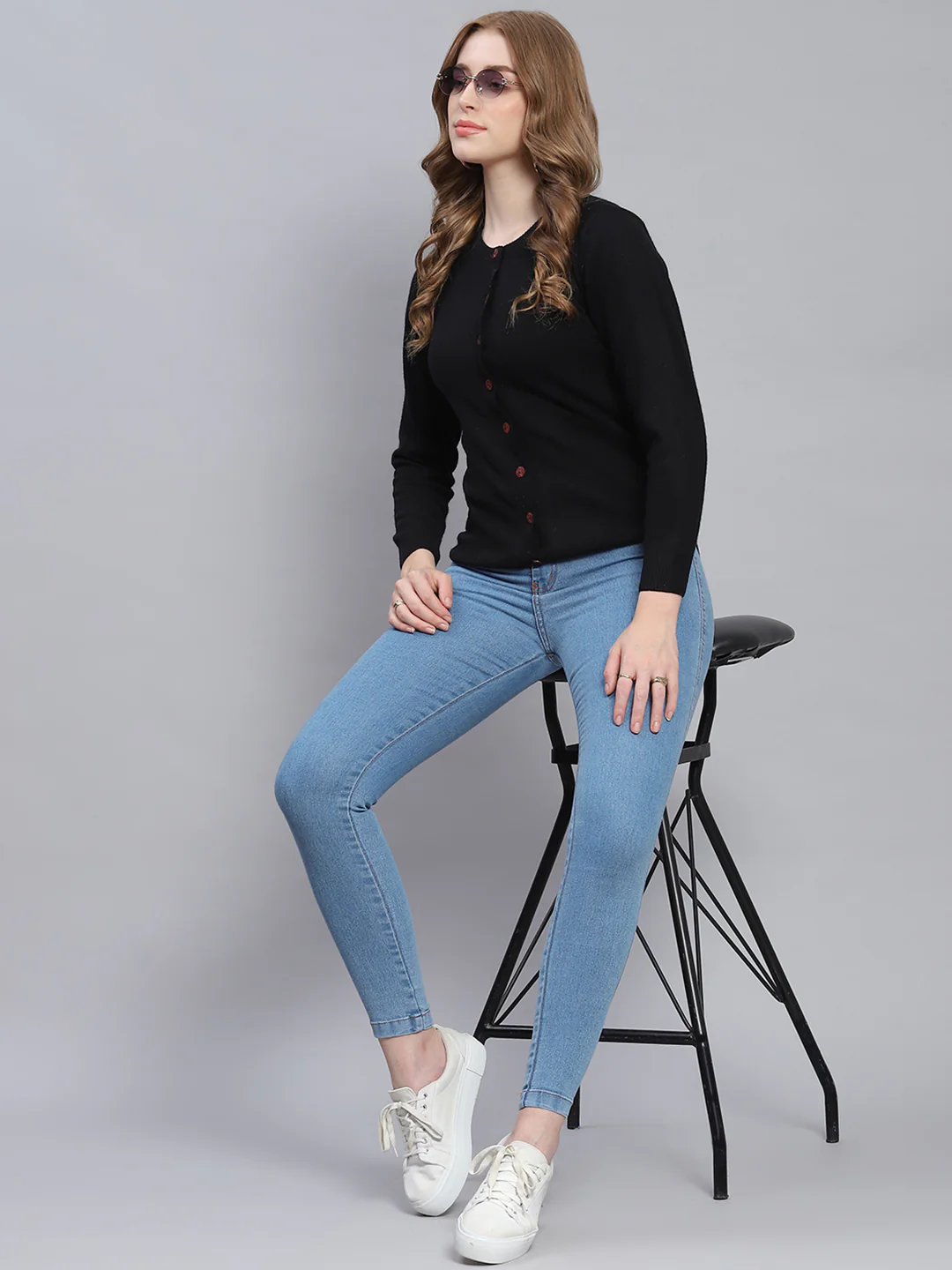 Women Black Solid Round Neck Full Sleeve Cardigans - Image 2