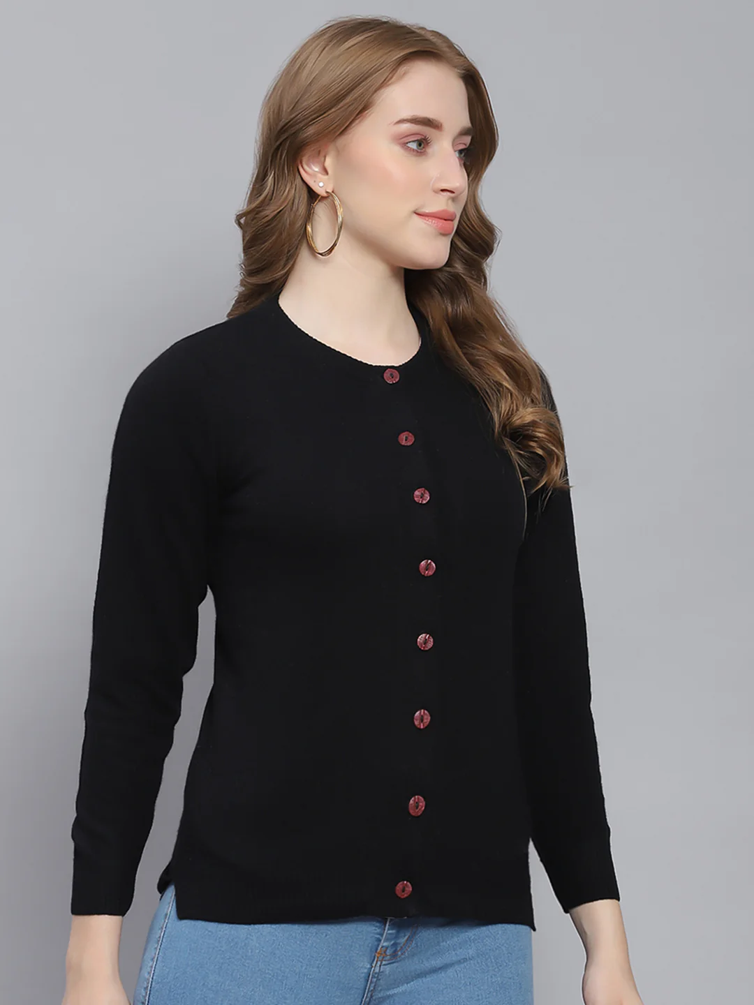 Women Black Solid Round Neck Full Sleeve Cardigans - Image 4