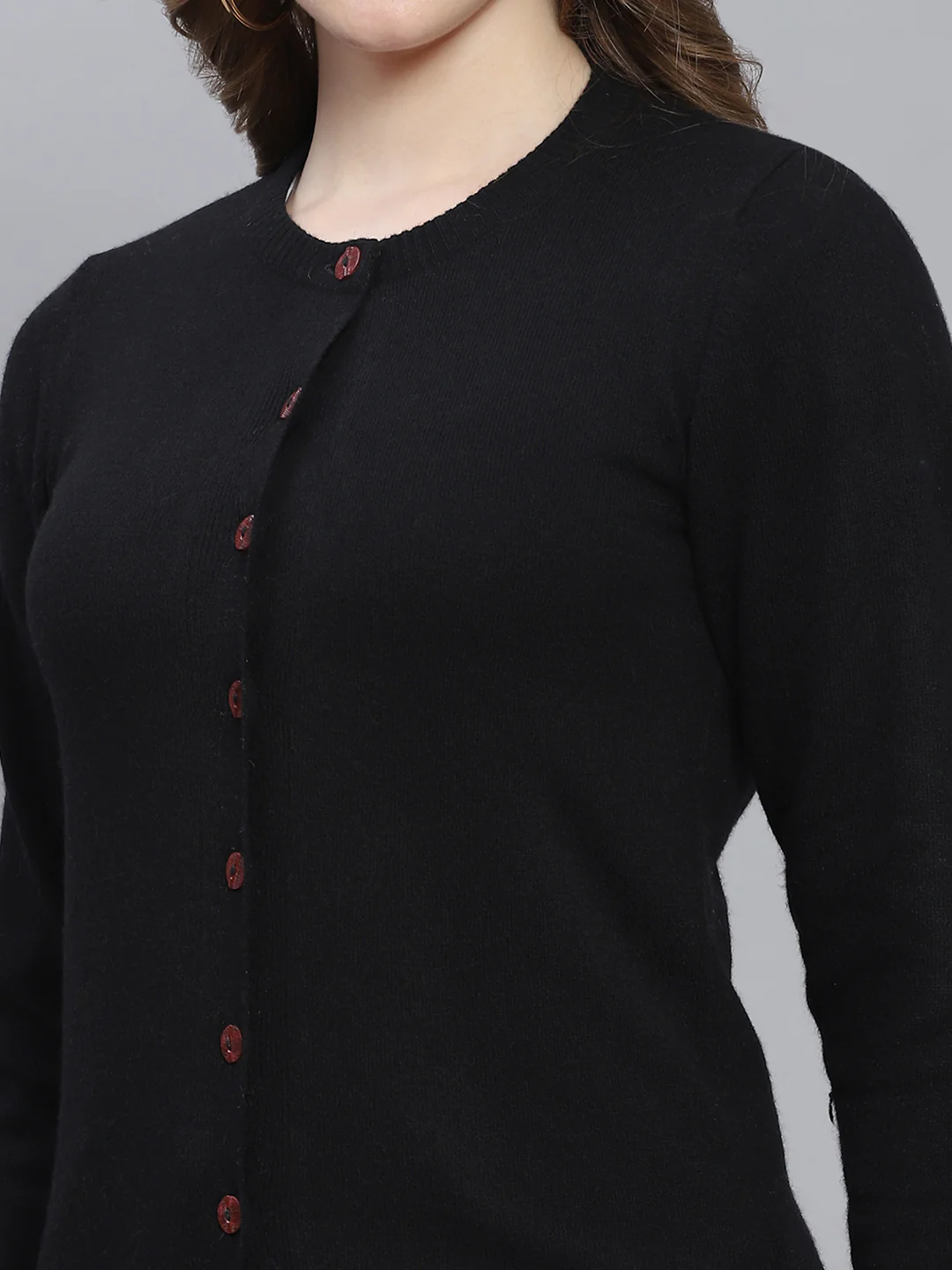 Women Black Solid Round Neck Full Sleeve Cardigans - Image 6