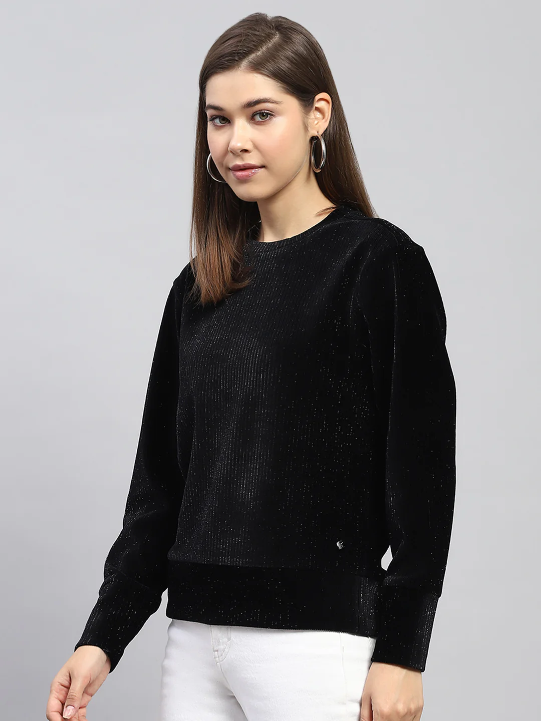Women Black Solid Round Neck Full Sleeve Sweatshirt - Image 3