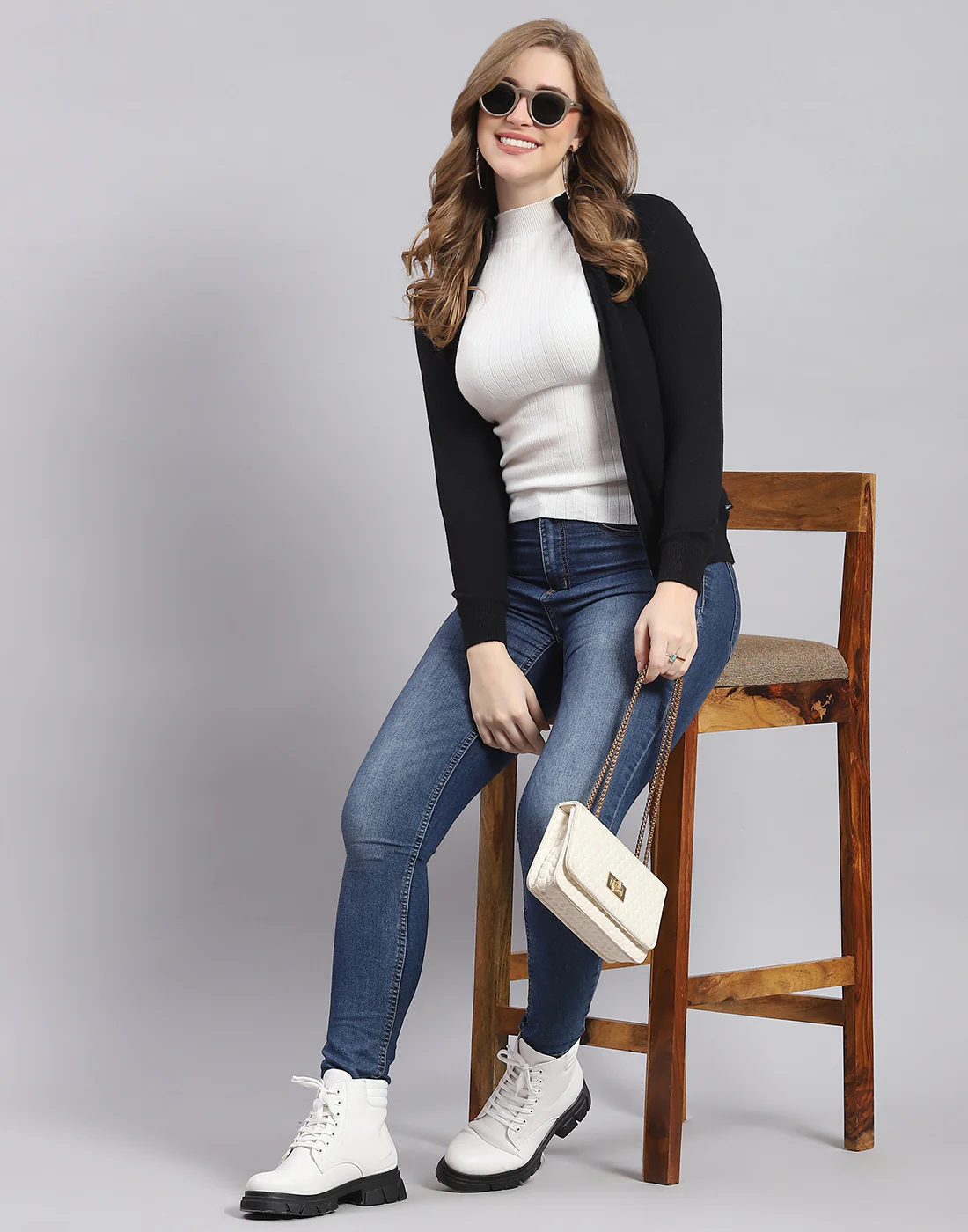 Women Black Solid Stand Collar Full Sleeve Cardigan - Image 2