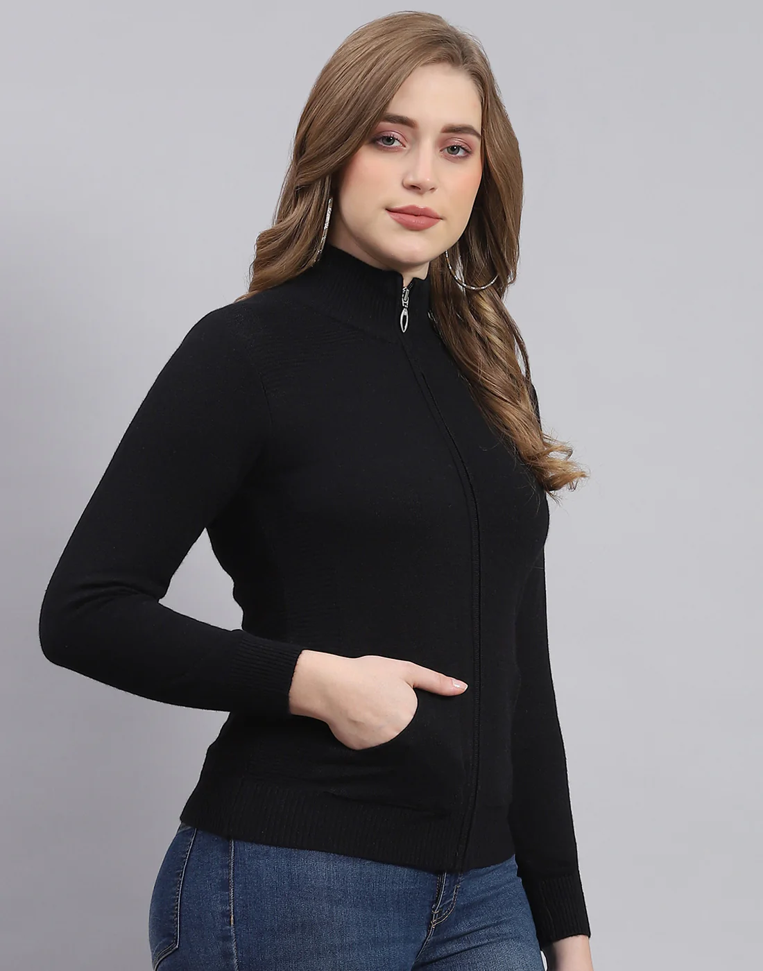 Women Black Solid Stand Collar Full Sleeve Cardigan - Image 4