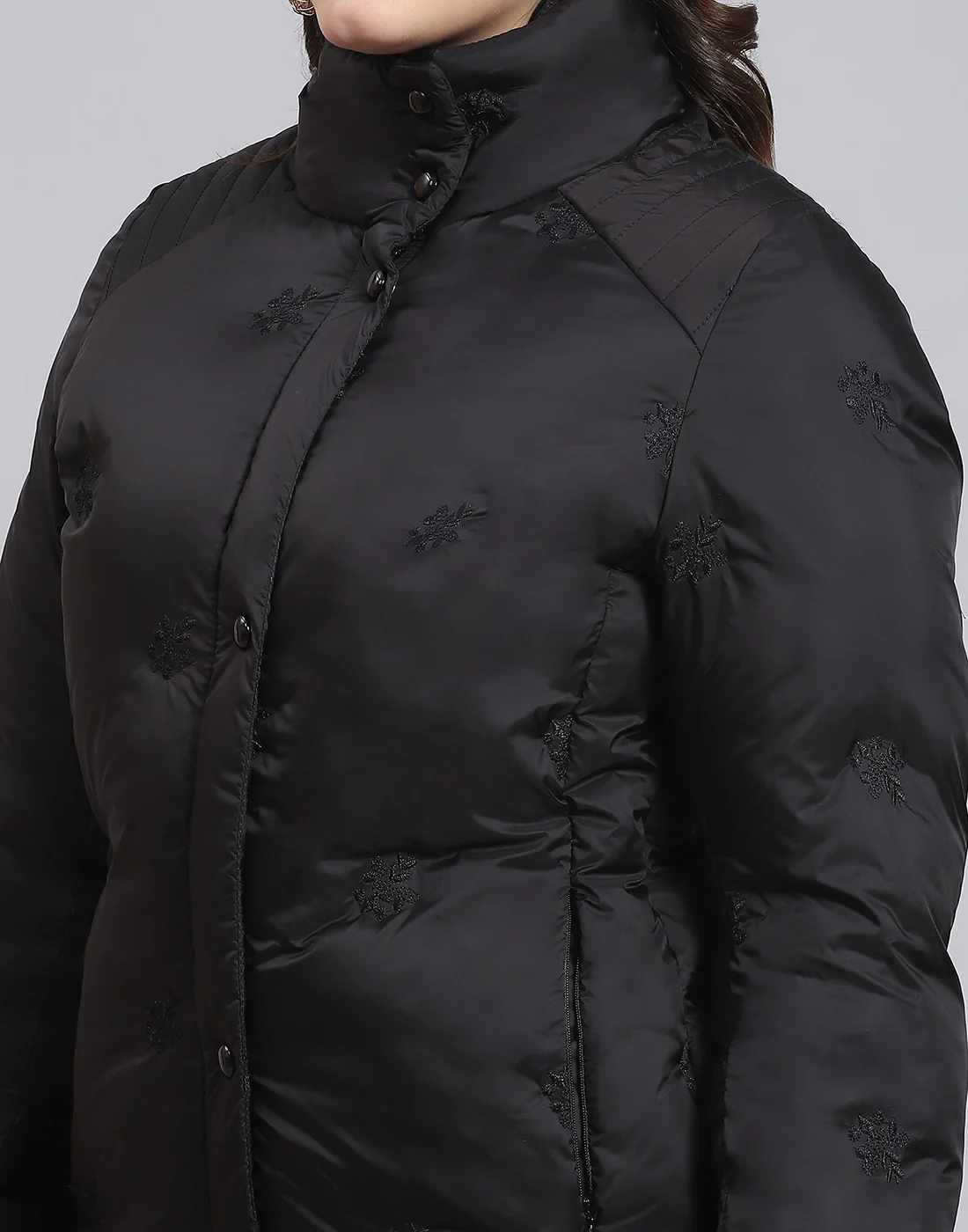 Women Black Solid Stand Collar Full Sleeve Jacket - Image 6