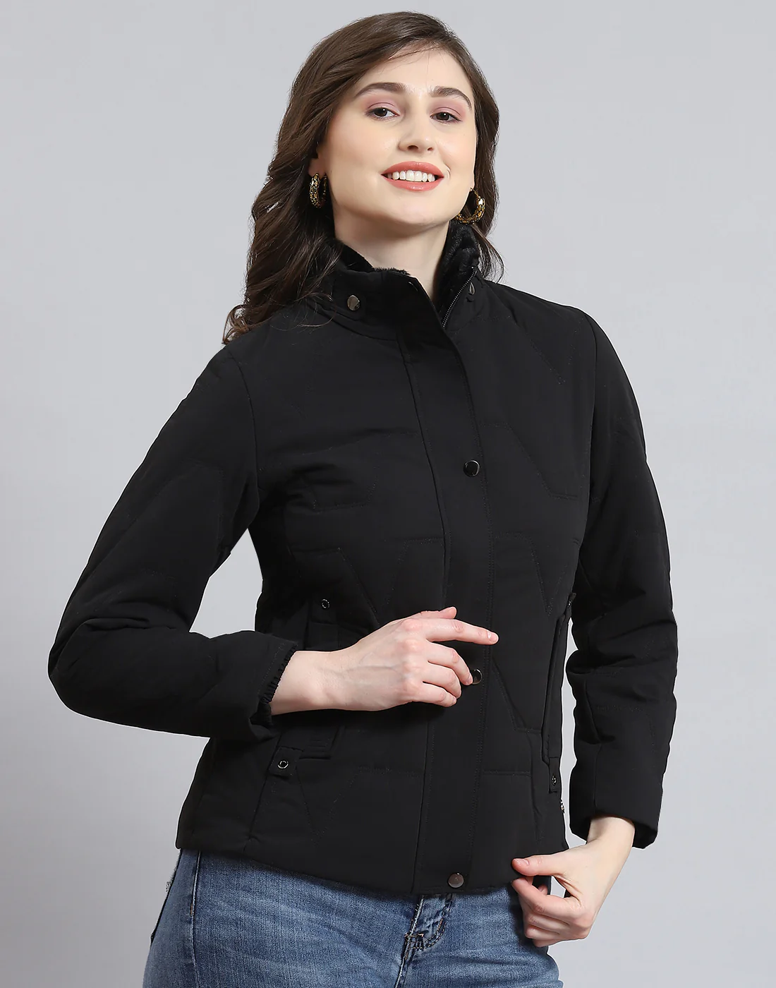 Women Black Solid Stand Collar Full Sleeve Jacket - Image 4