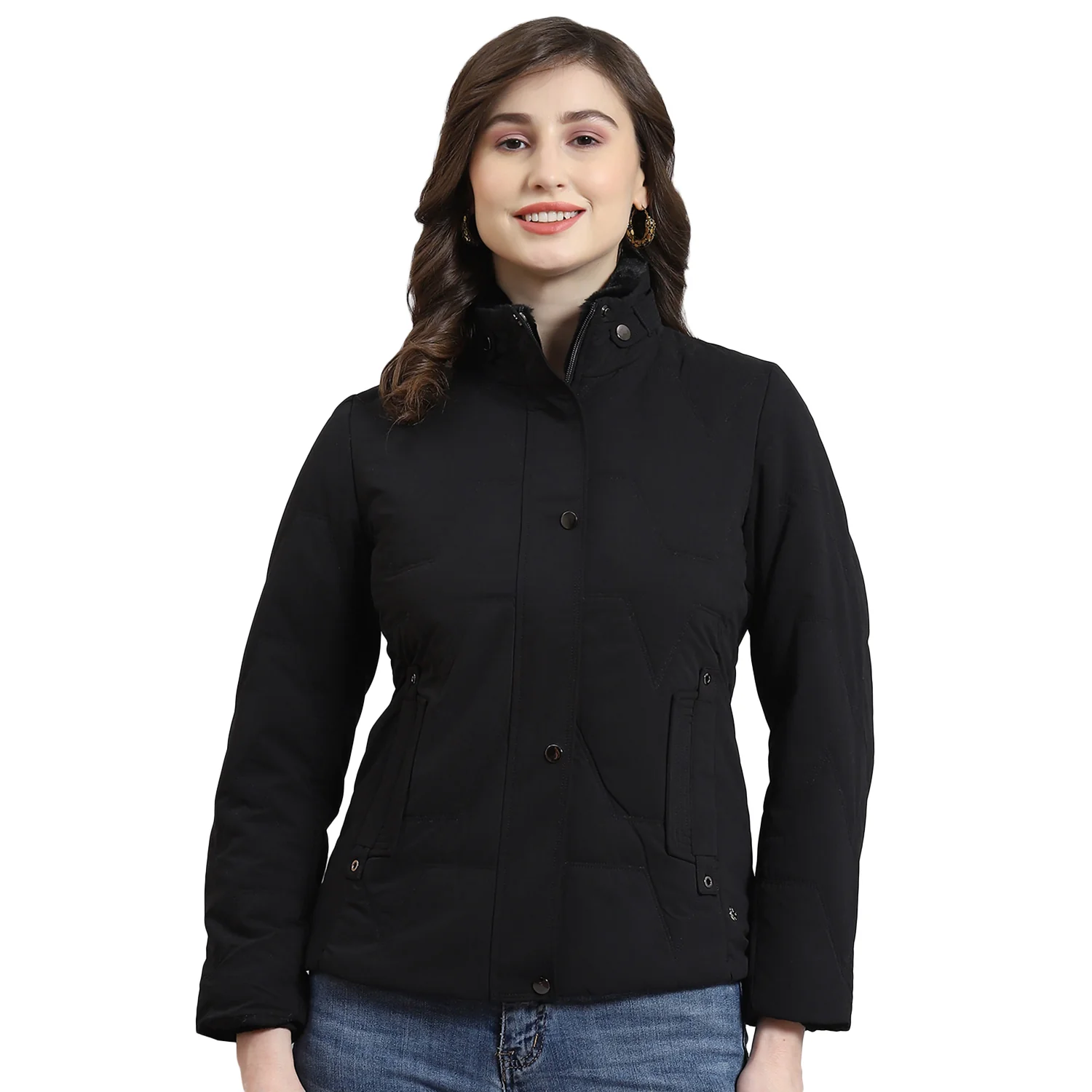 Women Black Solid Stand Collar Full Sleeve Jacket - Image 5