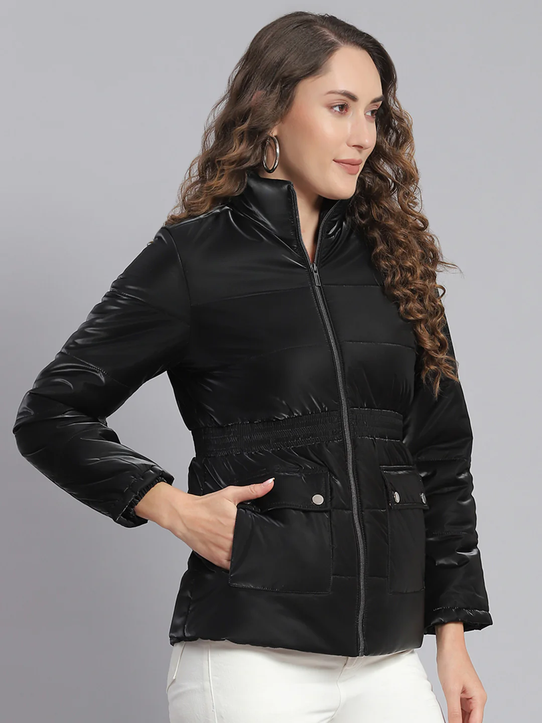 Women Black Solid Stand Collar Full Sleeve Jackets - Image 4