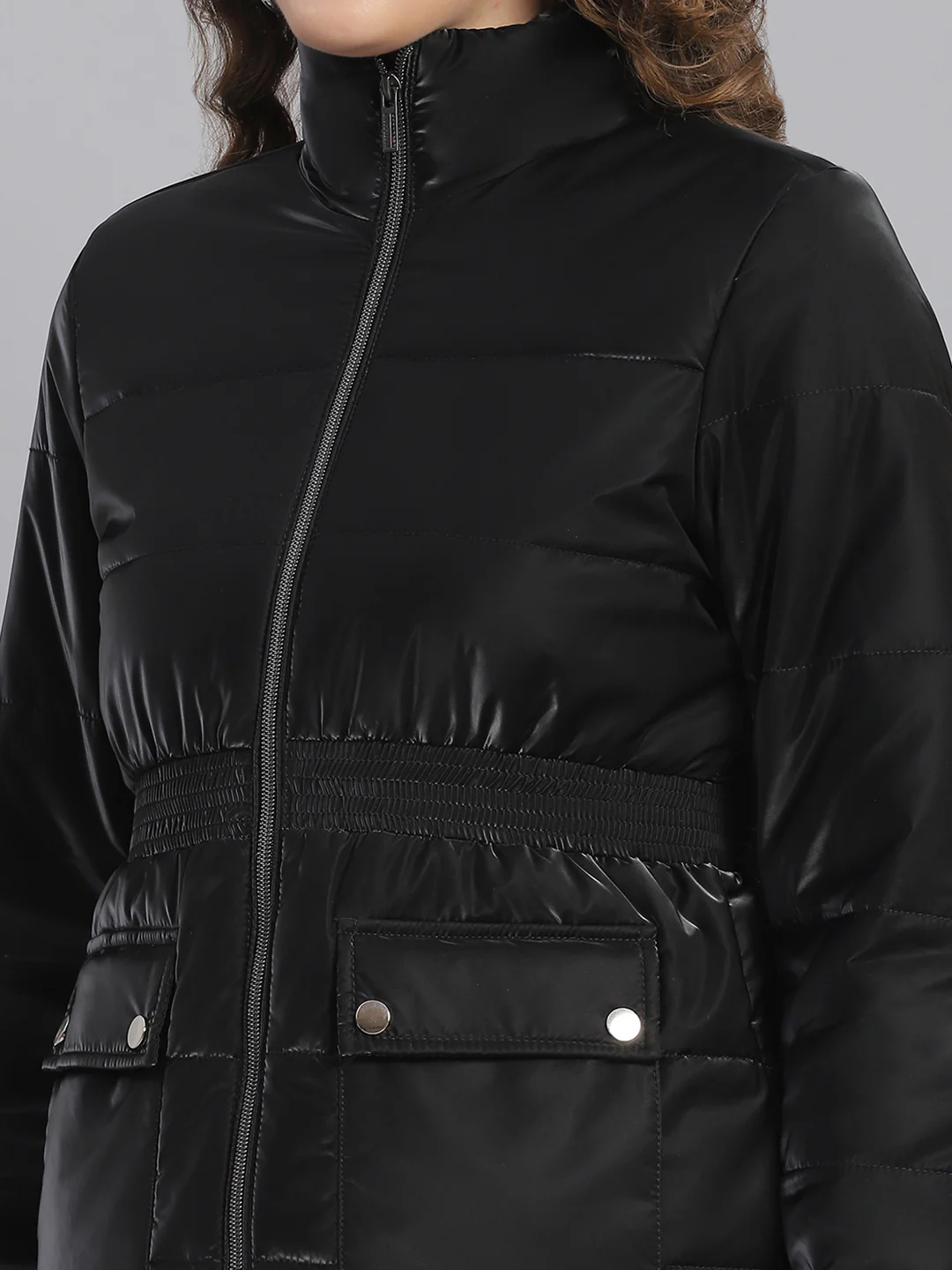 Women Black Solid Stand Collar Full Sleeve Jackets - Image 6