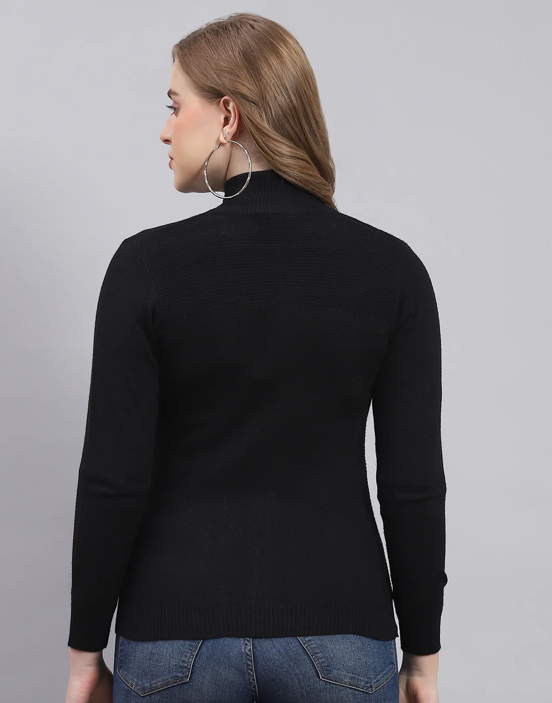 Women Black Solid Stand Collar Full Sleeve Sweater - Image 5