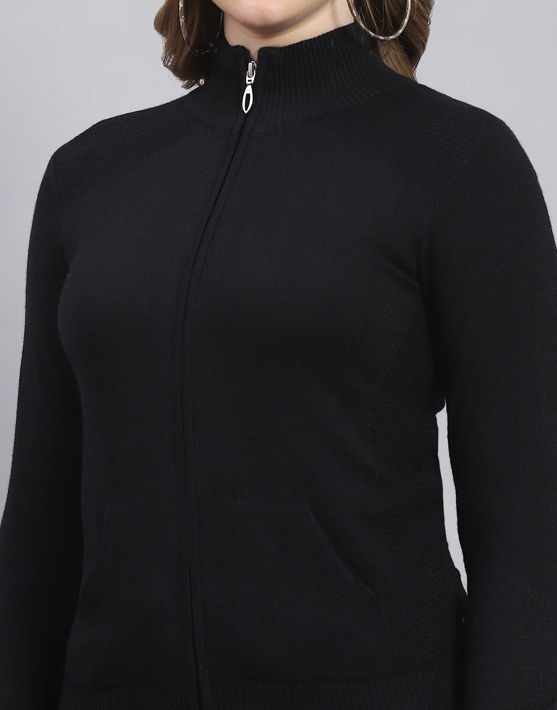 Women Black Solid Stand Collar Full Sleeve Sweater - Image 6