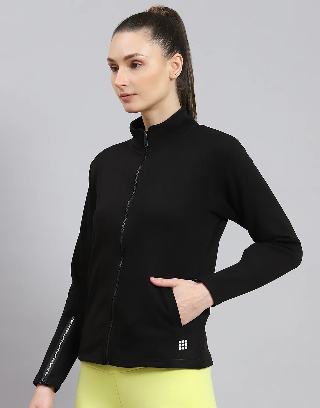 Rock.it Women Black Solid Stand Collar Full Sleeve Sweatshirt - Image 3