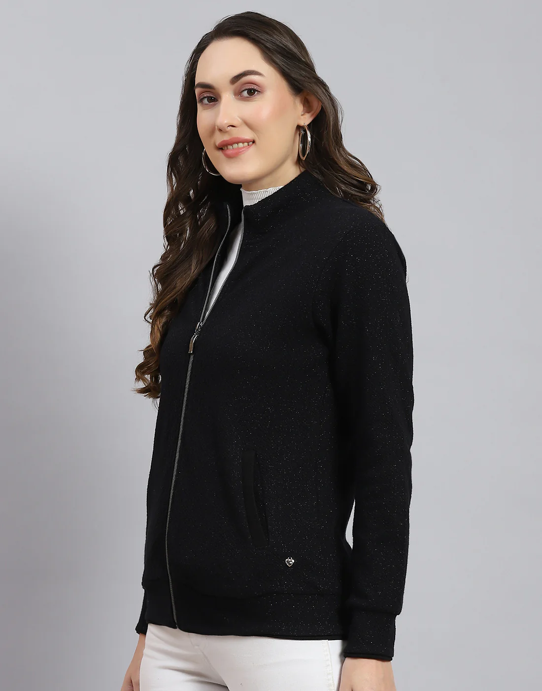 Women Black Solid Stand Collar Full Sleeve Sweatshirt - Image 3