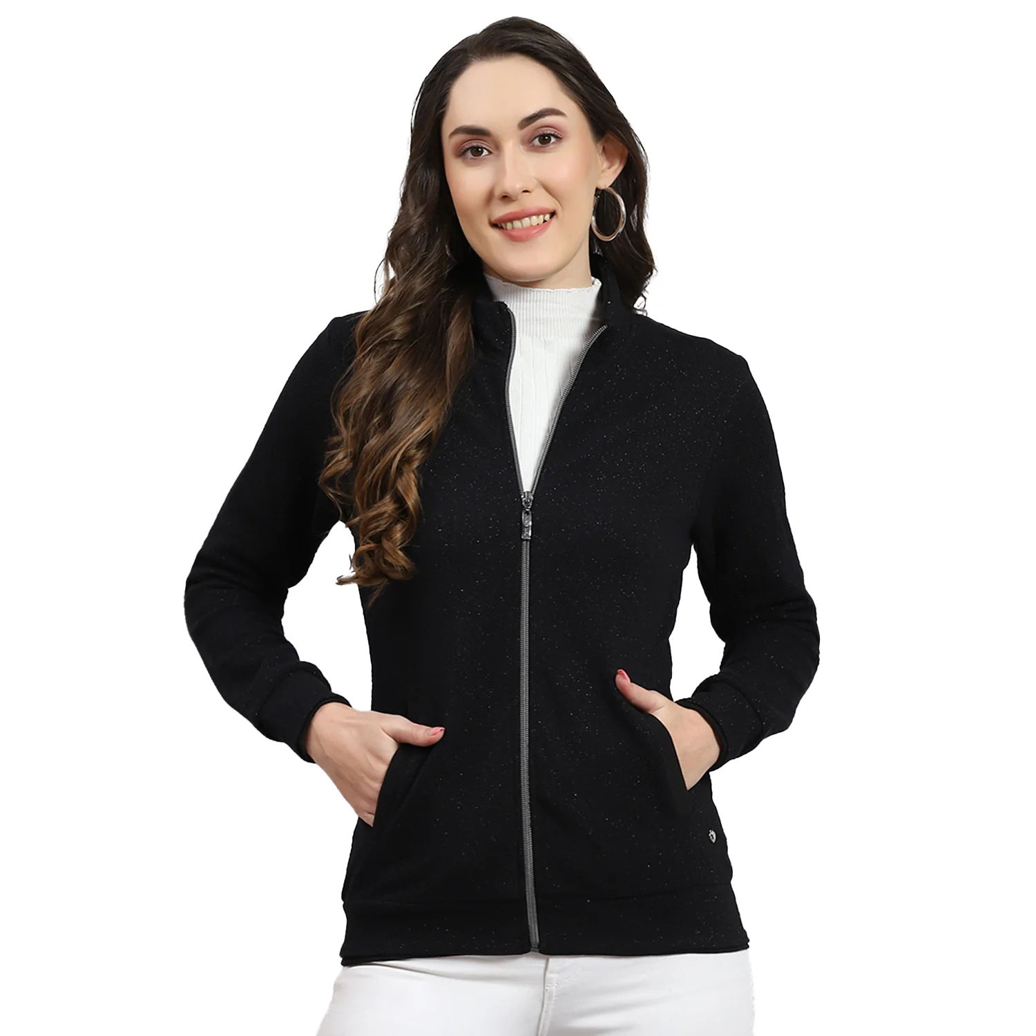 Women Black Solid Stand Collar Full Sleeve Sweatshirt - Image 5