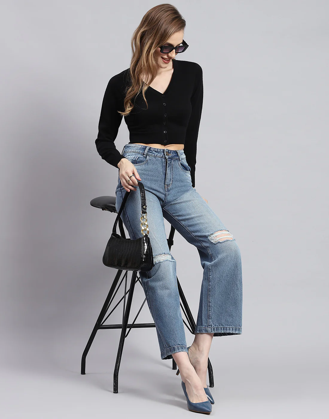 Women Black Solid V Neck Full Sleeve Blouse - Image 2