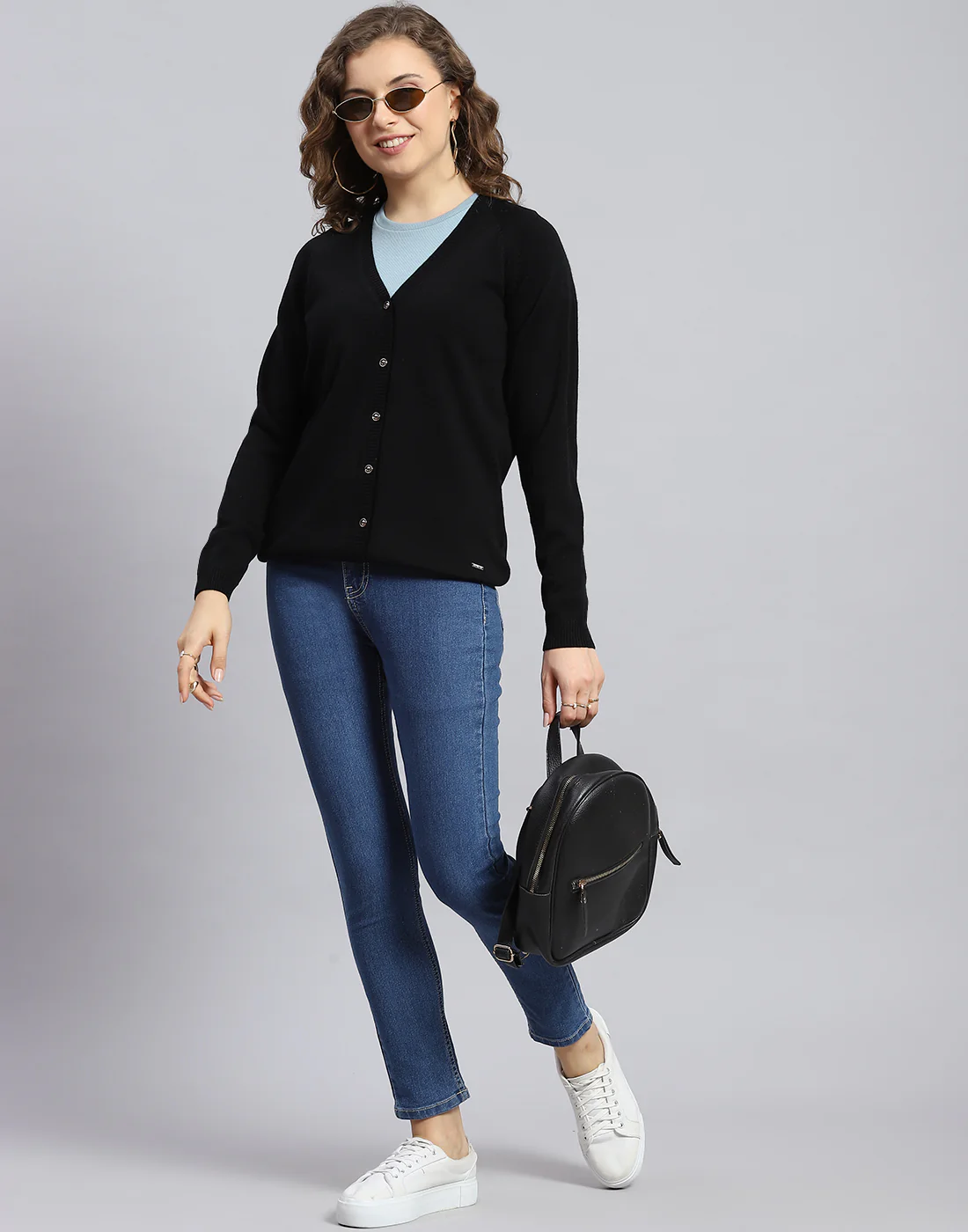 Women Black Solid V Neck Full Sleeve Cardigan - Image 2